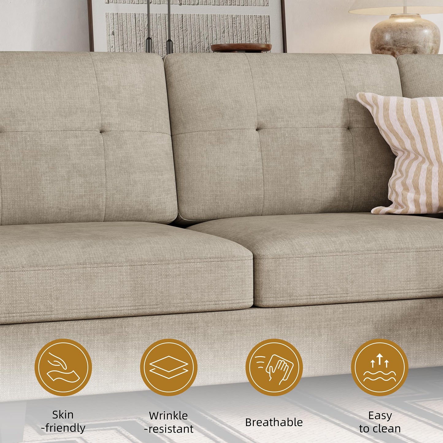 JAMFLY 106" U-Shaped Modern Sofa Modular Sectional Cloud Couch with Chaise, 4-Seat Deep Seat Sofa for Living Room, Bedroom and Apartment, Khaki