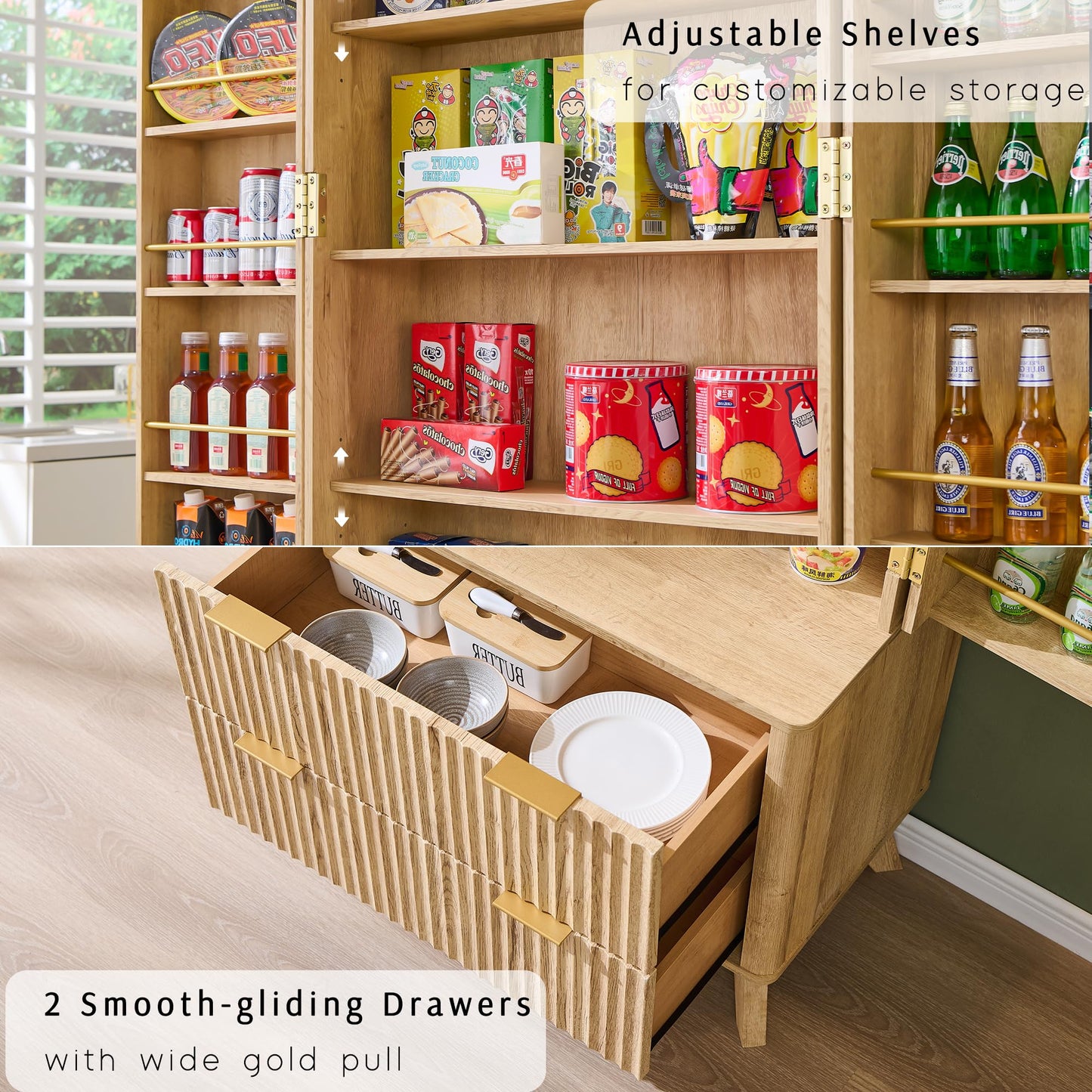 OKD Fluted Pantry Cabinet, Modern Kitchen Hutch, 72" Tall Storage Cabinet with 10 Door Shelves & 2 Drawers, Wood Cupboard for Kitchen & Living Room, Natrual Oak
