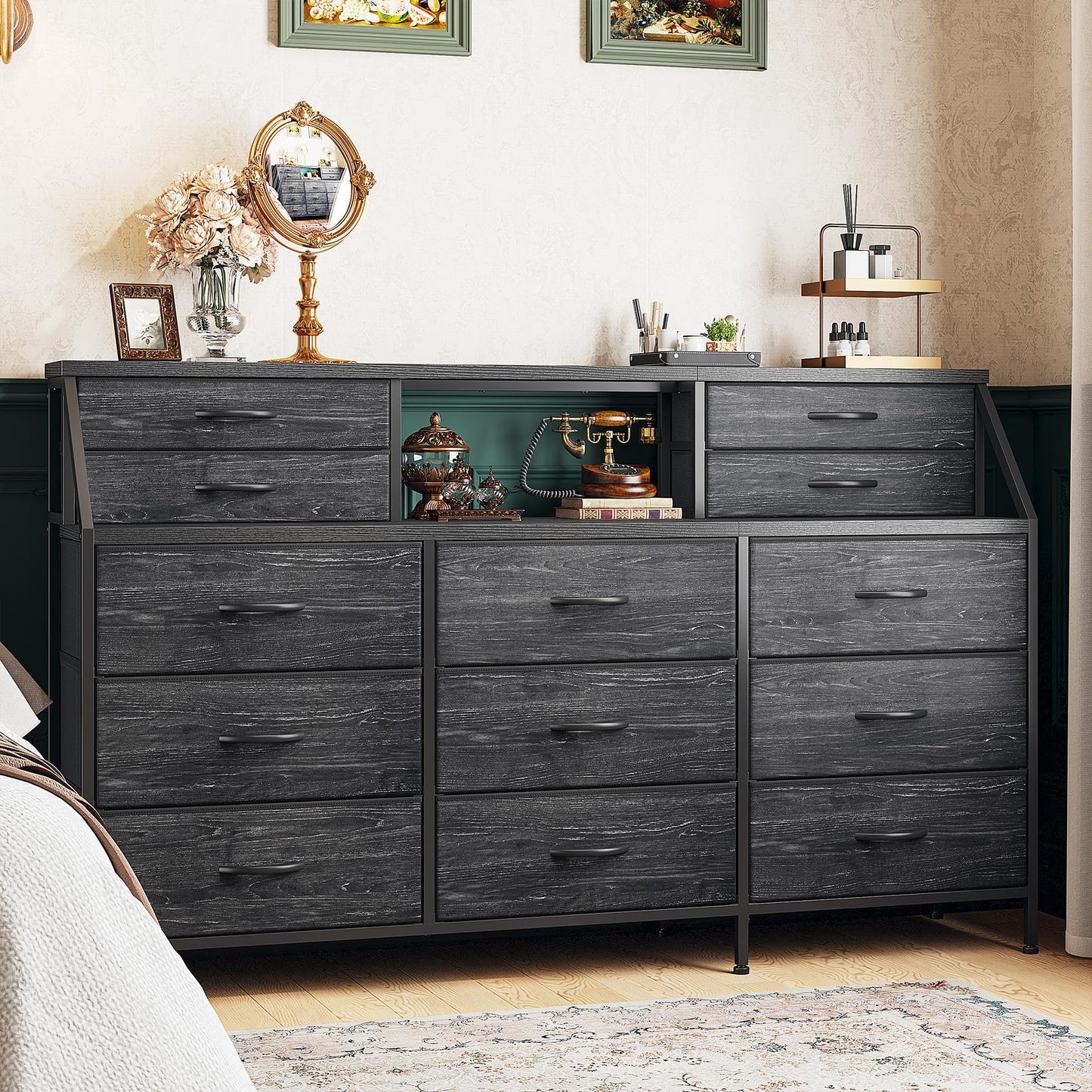 Romorgniz 55" W Black Dresser for Bedroom, Dressers & Chests of Drawers with 13 Fabric Drawers and 2 Extra Open Shelves, Long Vanity Dressers for Bedroom & Closet, Metal Frame & Wooden Top