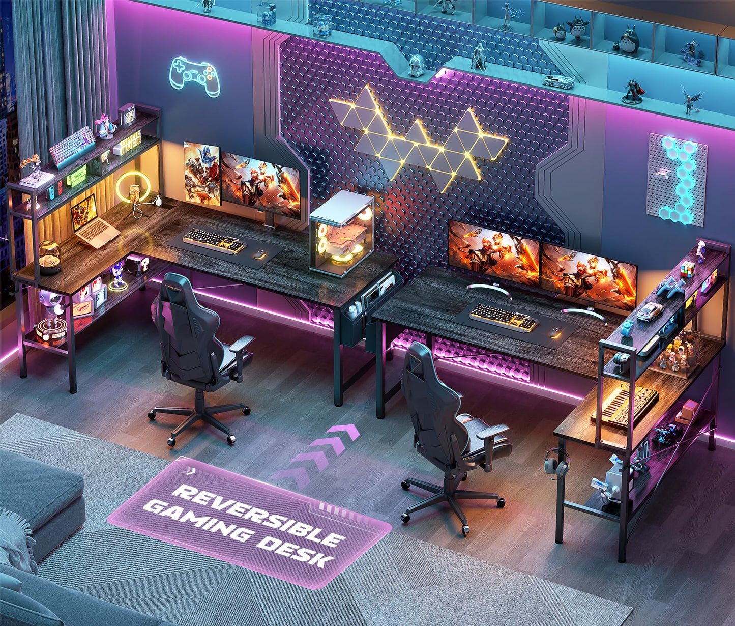 Aheaplus L Shaped Desk Gaming Desk, 59" L Shaped Computer Desk with LED Light & Power Outlet, Reversible Home Office Desk Gamer Desks with Shelves & Storage Bag & Hooks, Corner PC Desk, Black Oak