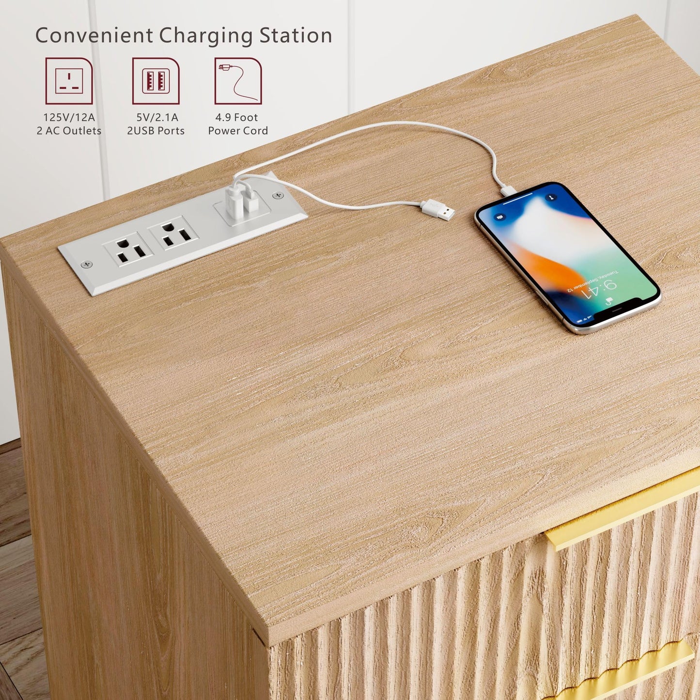 Fluted Nightstand with USB Charging Station, 3 Drawer Dresser Wood Modern Night Stand Bedside Table with Quiet Drawers & Large Storage End Table for Bedroom (1pcs, Natual)