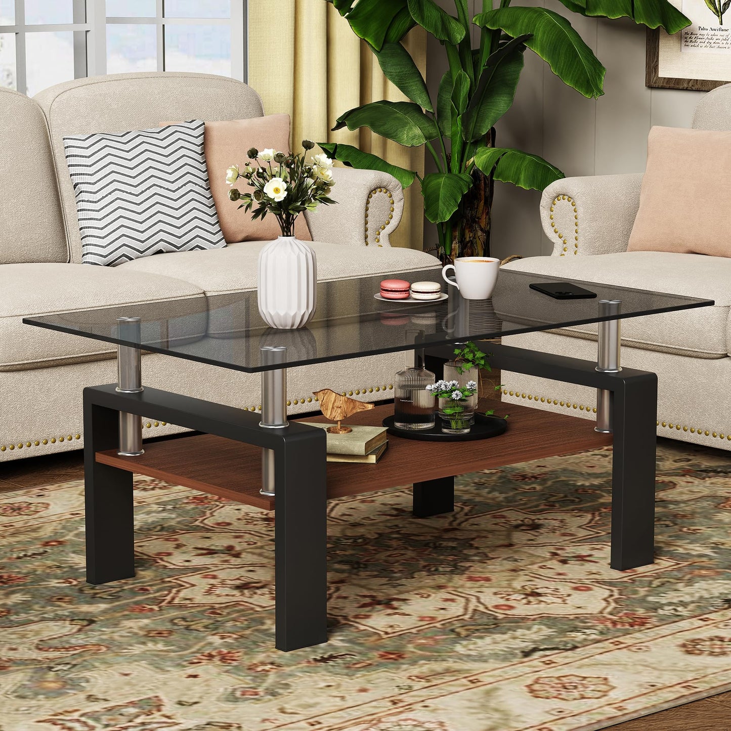 IANIYA Rectangle Tempered Glass Coffee Table, Rectangle Living Room Center Table, Modern Tea Table with Tempered Glass Tabletop and Wood Layer (1, Gray)