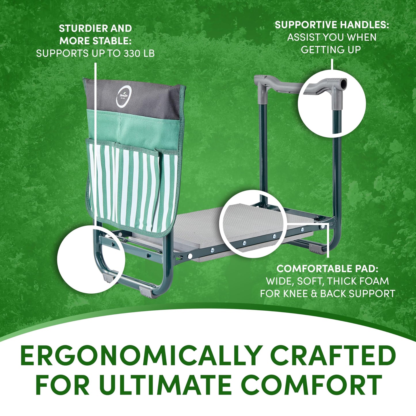 SteveZen - Garden Kneeler Seat Bench, Garden Kneeling Bench with Sunshade Umbrella, Ergonomic Handles, Folding Table, and Potting Mat, 10.2" Foam Knee Seat, Loading Capacity 330 Lbs