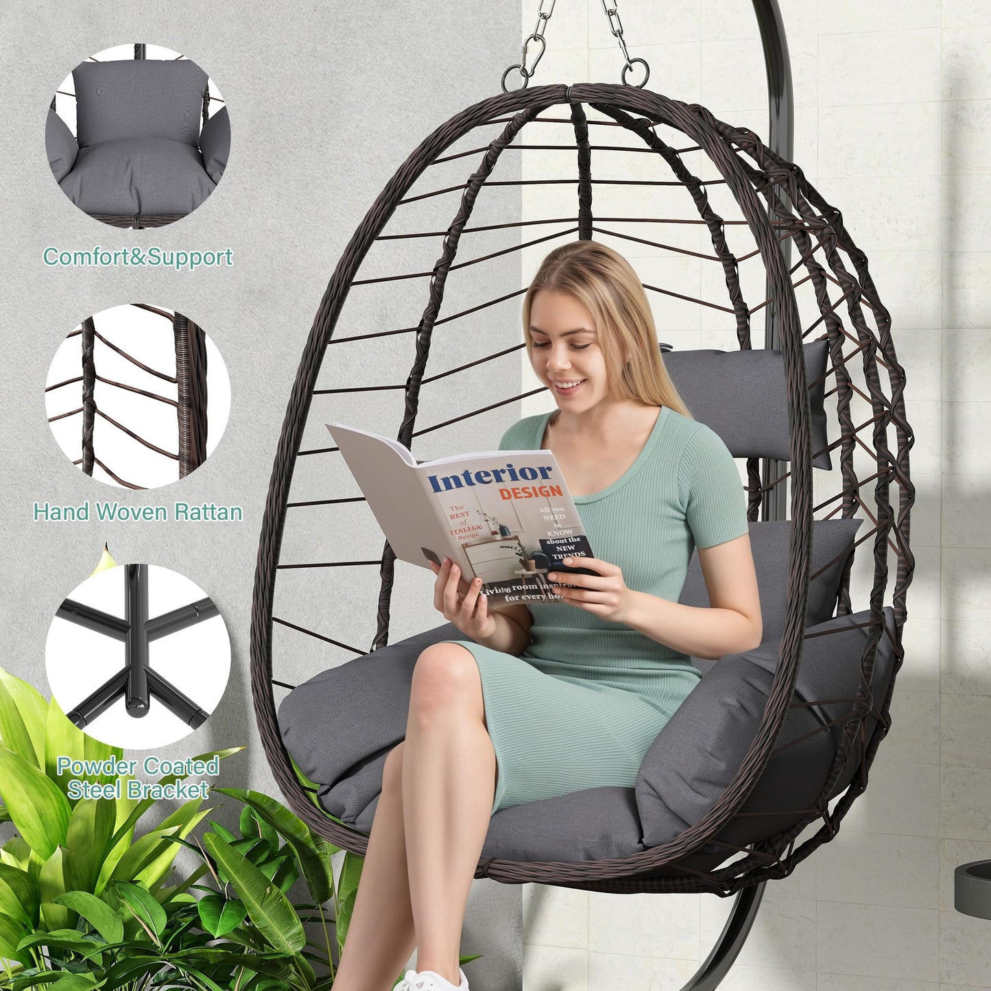 LEX CRAFT Hanging Egg Chair with Stand, Swinging Egg Chair Outdoor Indoor, Hanging Basket Chair with Cushion, Patio Wicker Hammock Chair 350lbs Capacity for Bedroom, Balcony, Backyard, Garden (Grey)