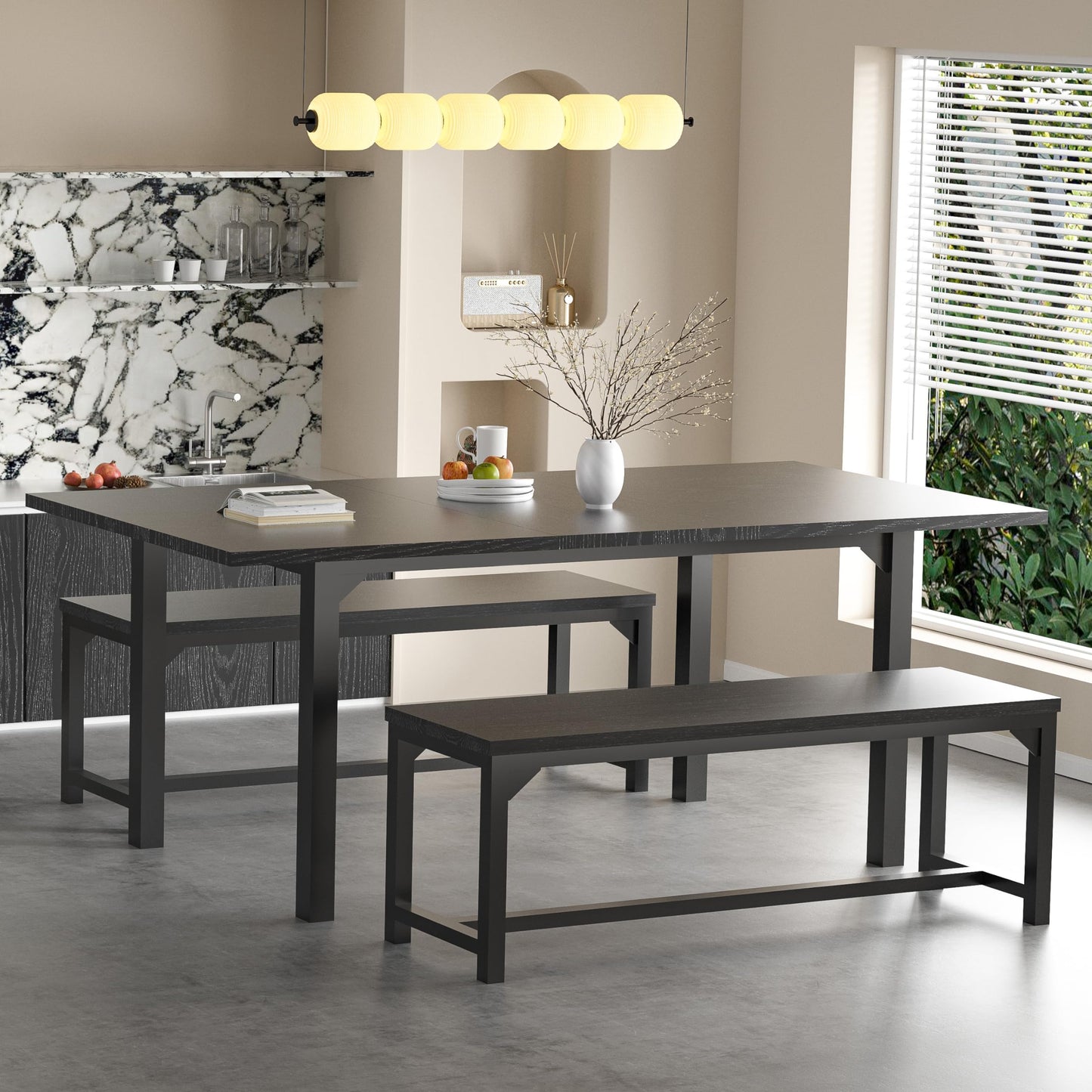 TOLEAD 63 Inch Dining Table Set for 4-8, 3-Piece Extendable Kitchen Table Set with 2 Benches, Metal Frame & Wood Board, Space-Saving Breakfast Dining Room Table Set for Home Kitchen, Black