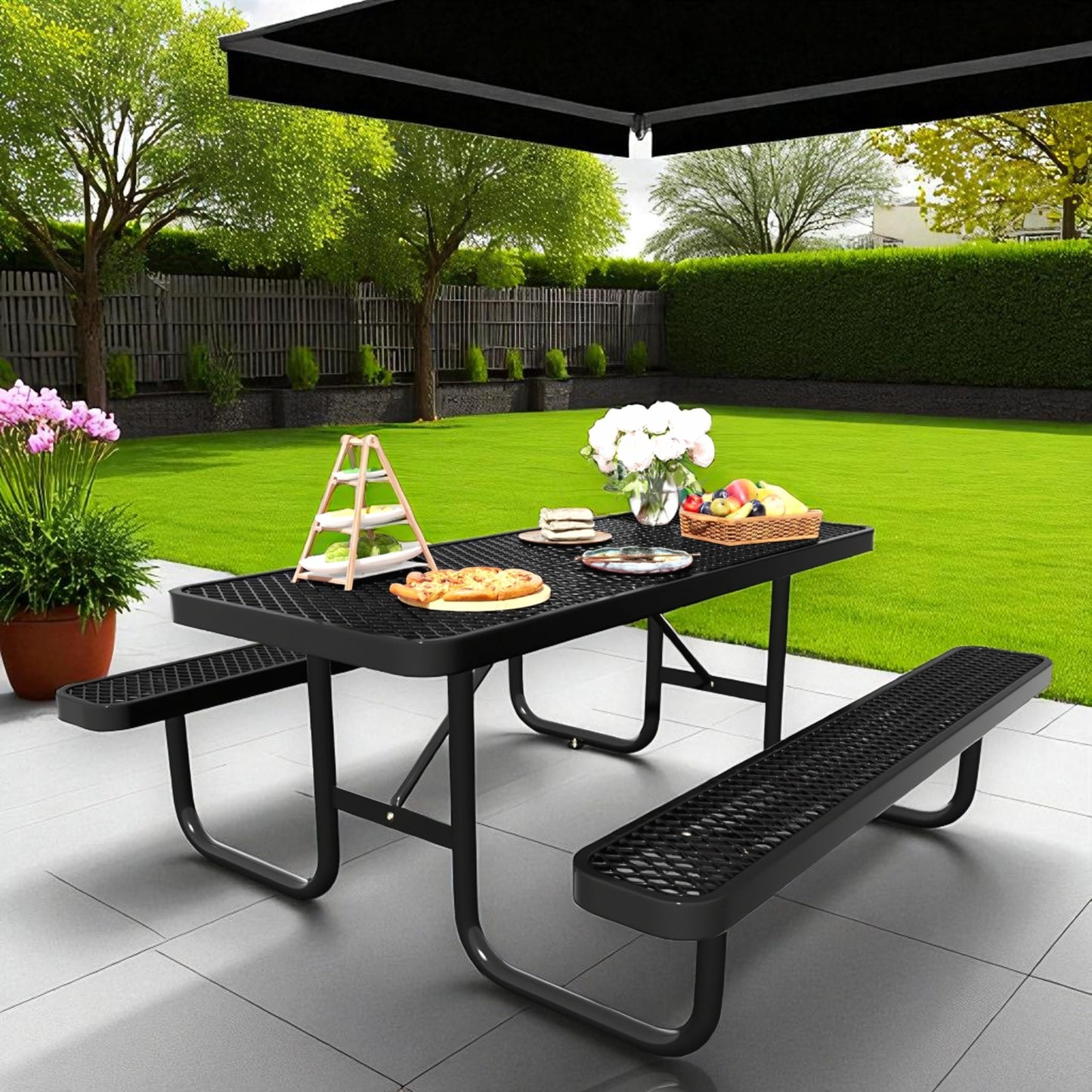 HIMcup 6 FT Metal Picnic Tables for Outside, Outdoor Coated Steel Heavy Duty Commercial Picnic Table with Benches, Patio Table Rectangular Furniture Set for Garden, Lawn, Shops, Parks