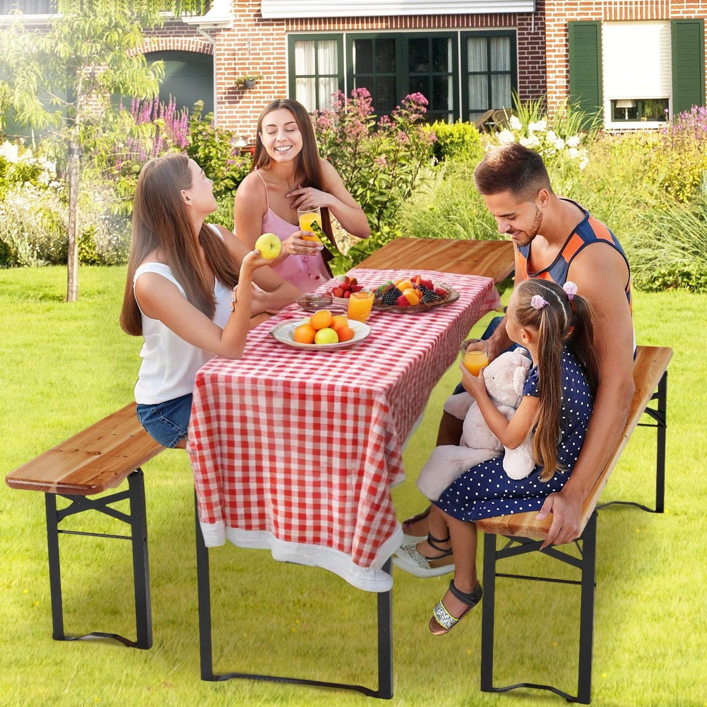 HOMREST Folding Picnic Tables with 2 Benches Set,70" 3-Piece Portable Table for 6-8 Persons，Outdoor Dining Table with Weather-Resistant Wooden and Sturdy Steel Frame for Patio,Party,BBQ and Camp