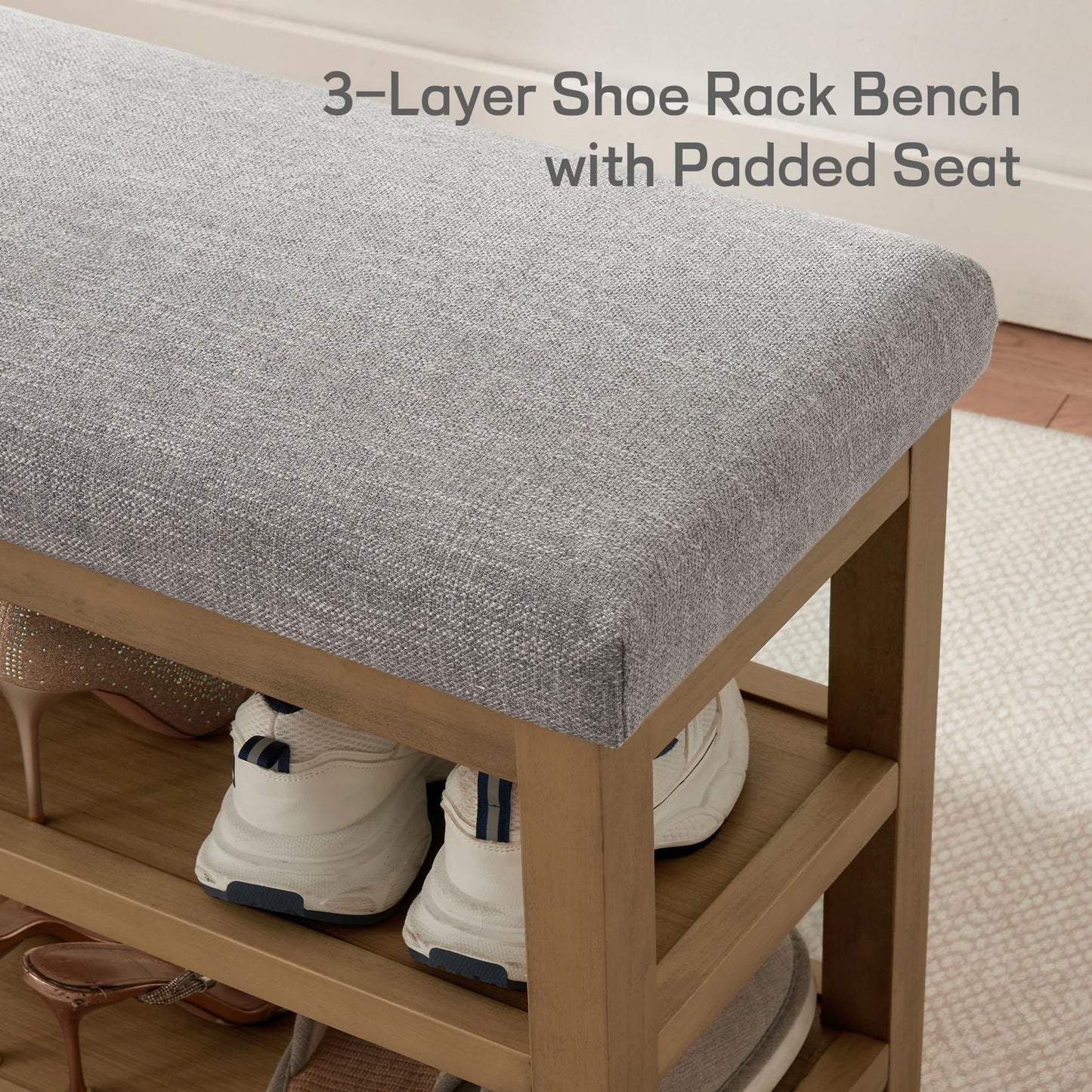 Zihanhome 2 Tier Shoe Rack Bench with Cushion, Solid Wood Shoe Benches, Mid-Century Modern Shoe Storage Bench for Entryway, Hallway, Living Room, Closet, Front Door Entrance, (Grey, 46.5")