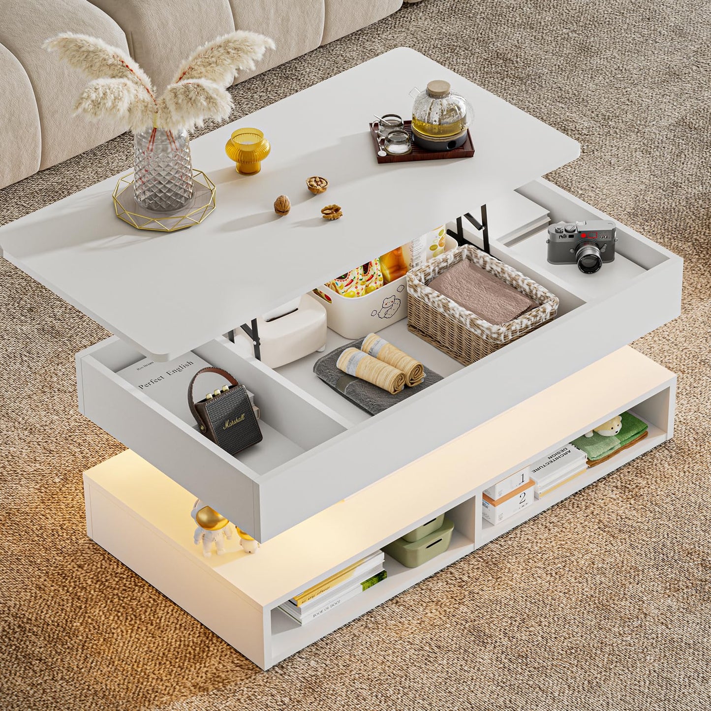 Etemnozon Lift Top LED Coffee Tables for Living Room,47.2" Living Room Table 2-Tier High Glossy Coffee Table with Open Storage,Rectangular Wooden Tea Tables for Reception Room,White