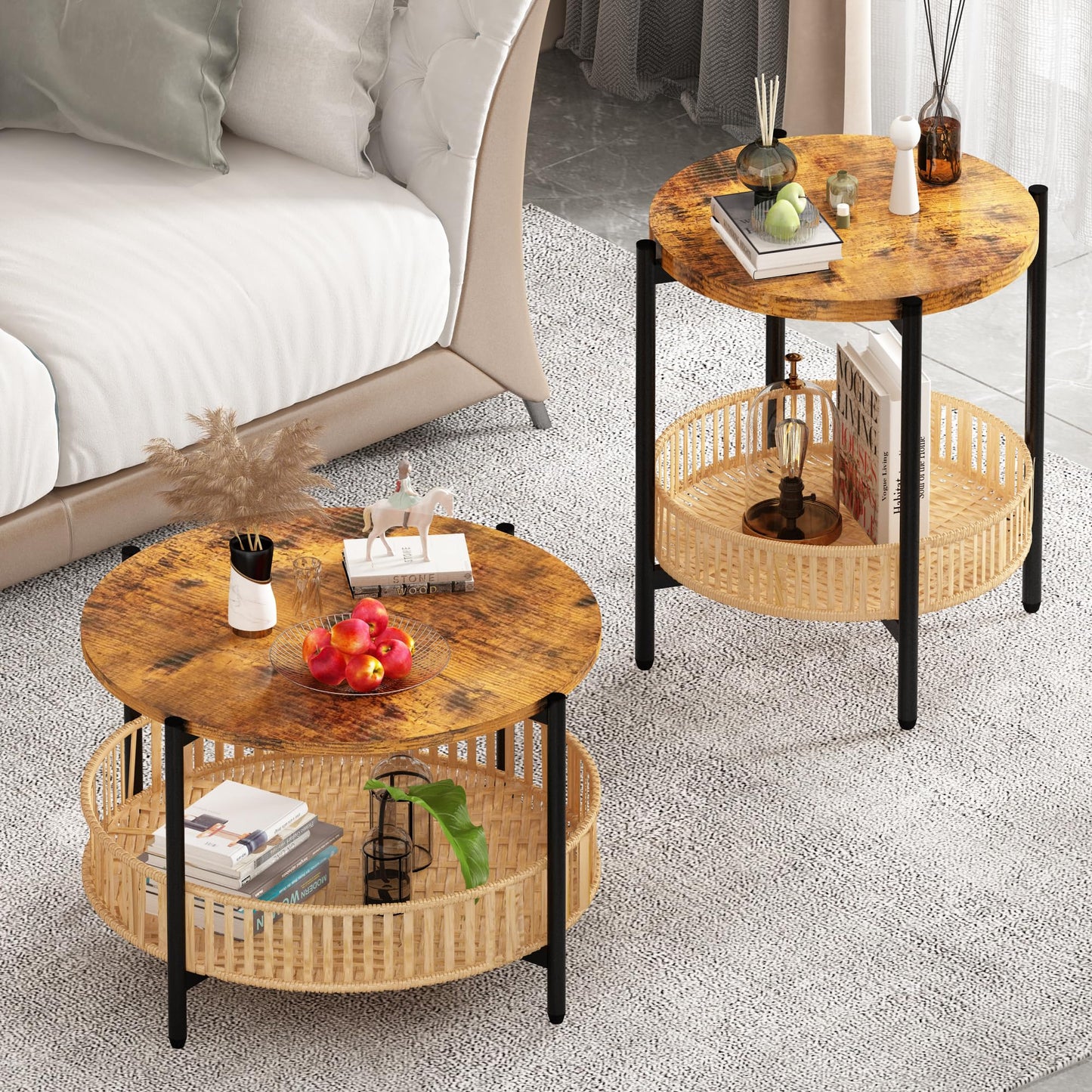 Lamerge 3 Pieces Coffee Table Set for Living Room, Boho Living Room Table Set with Rattan Storage Shelf and Metal Frame, Round Coffee Table & 2 End Side Tables for Apartment Home Office
