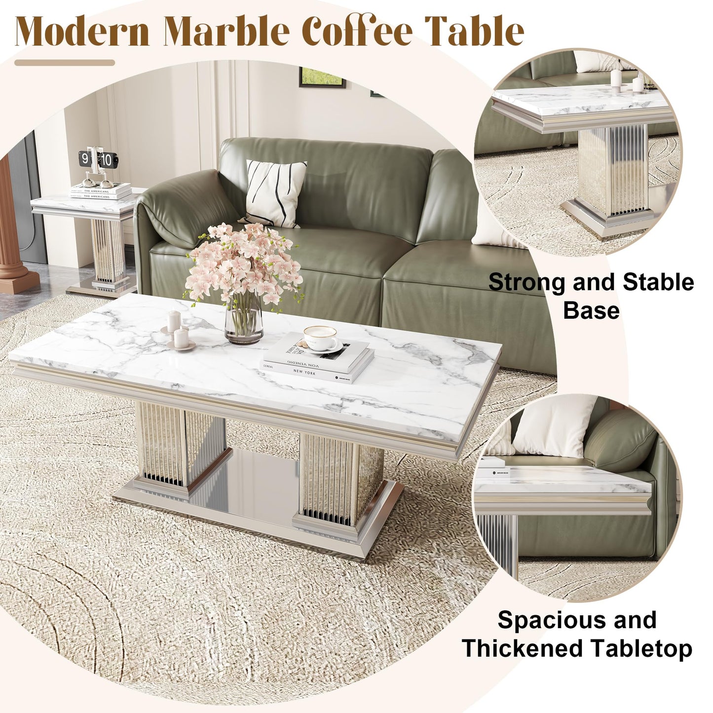 ModaWhly Modern 47" Marble Coffee Table, Large Living Room Center Table with Faux Marble top & Columnar Stainless Steel Base, Elegant White & Silver Design for Bedroom, or Reception Area