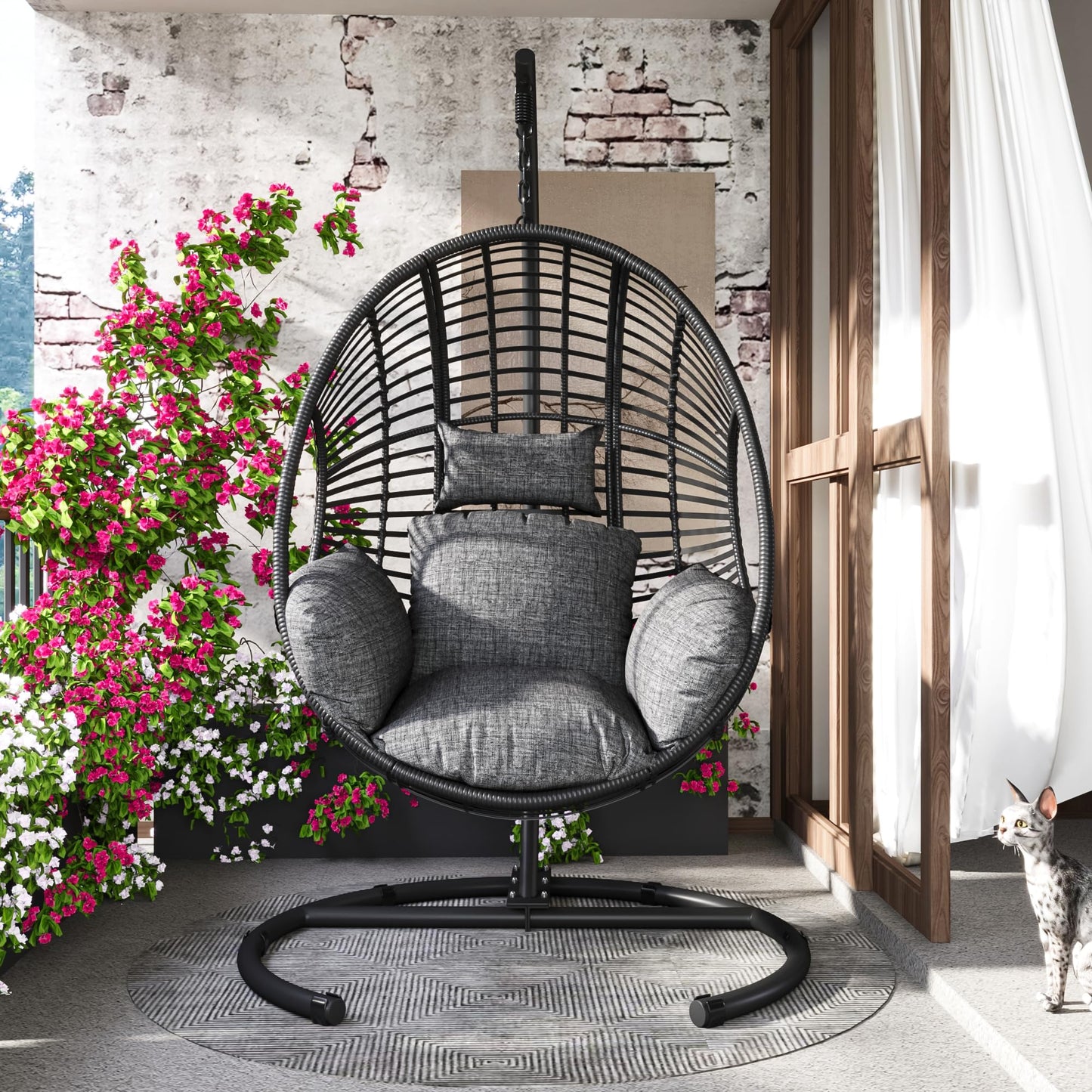 Hanging Egg Chair with Stand - Egg Swing Chair Outdoor Indoor Patio Wicker Chair Swing Hammock Egg Chairs 400lbs Capacity for Outside Patio, Bedroom, Garden and Balcony（Black）