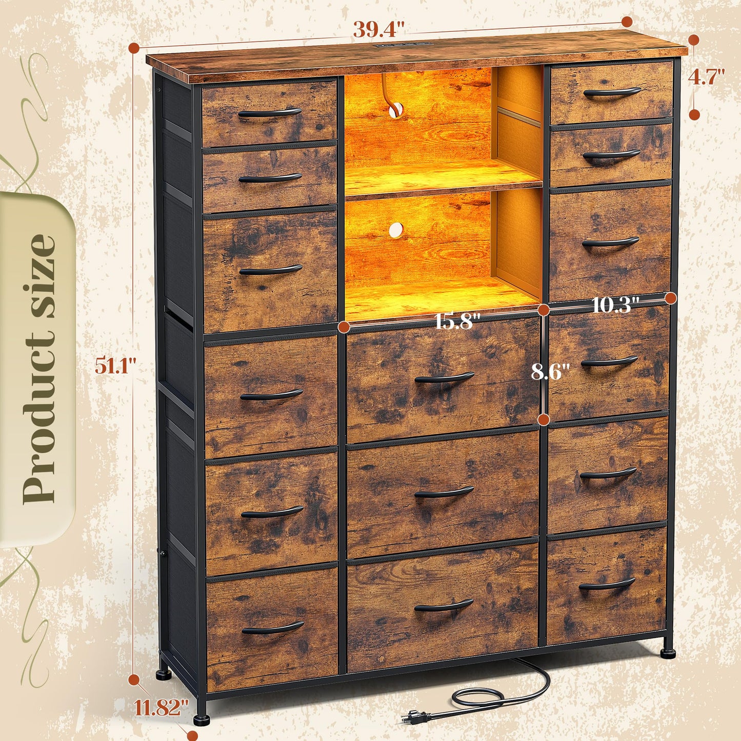 Romorgniz Tall Dresser for Bedroom with Charging Station and LED, Fabric Chests of Drawers with 15 Drawers and Extra 2 Open Shelves for Storage and Organization, for Closet, Hallway (Rustic Brown)