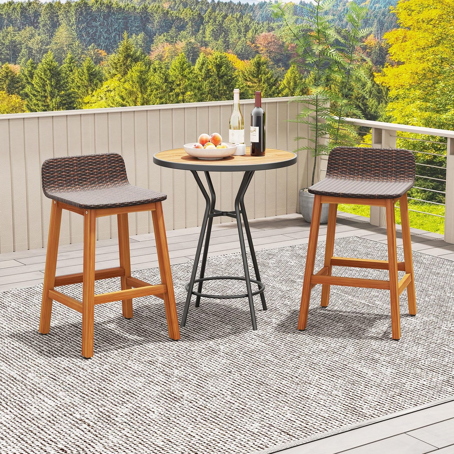 Tangkula Solid Acacia Wood Bar Stools Set of 2, Rattan Bar Height Patio Chairs with Footrests, Outdoor Seating for Porch, Balcony, Garden, Backyard (Mix Brown,1)