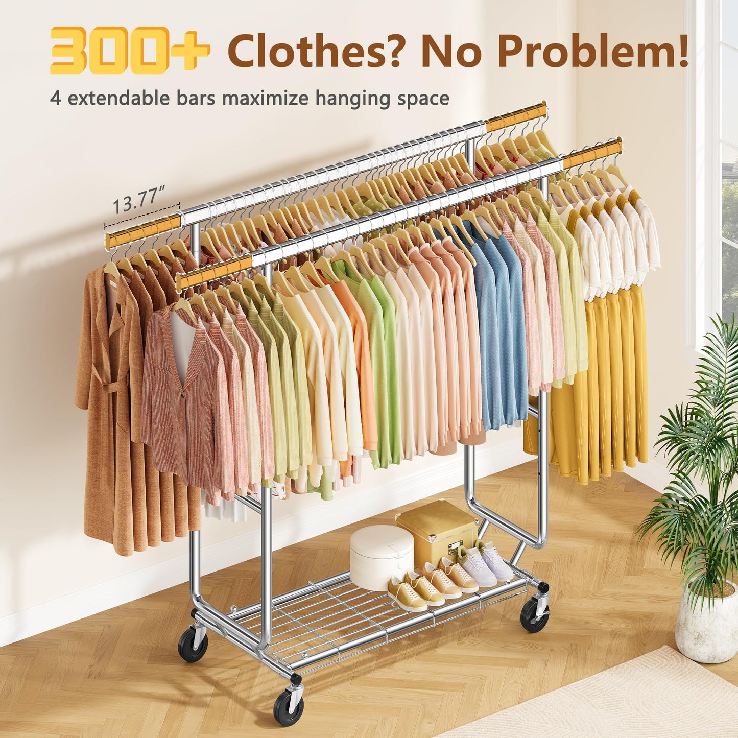 Hoctieon 2-Minute Assembly Double Rod Clothes Rack, Heavy Duty Rolling Clothing Racks with Wheels, Foldable Commercial Garment Rack, Extendable Hanging Bar, Adjustable Metal Pole with Hooks, Chrome