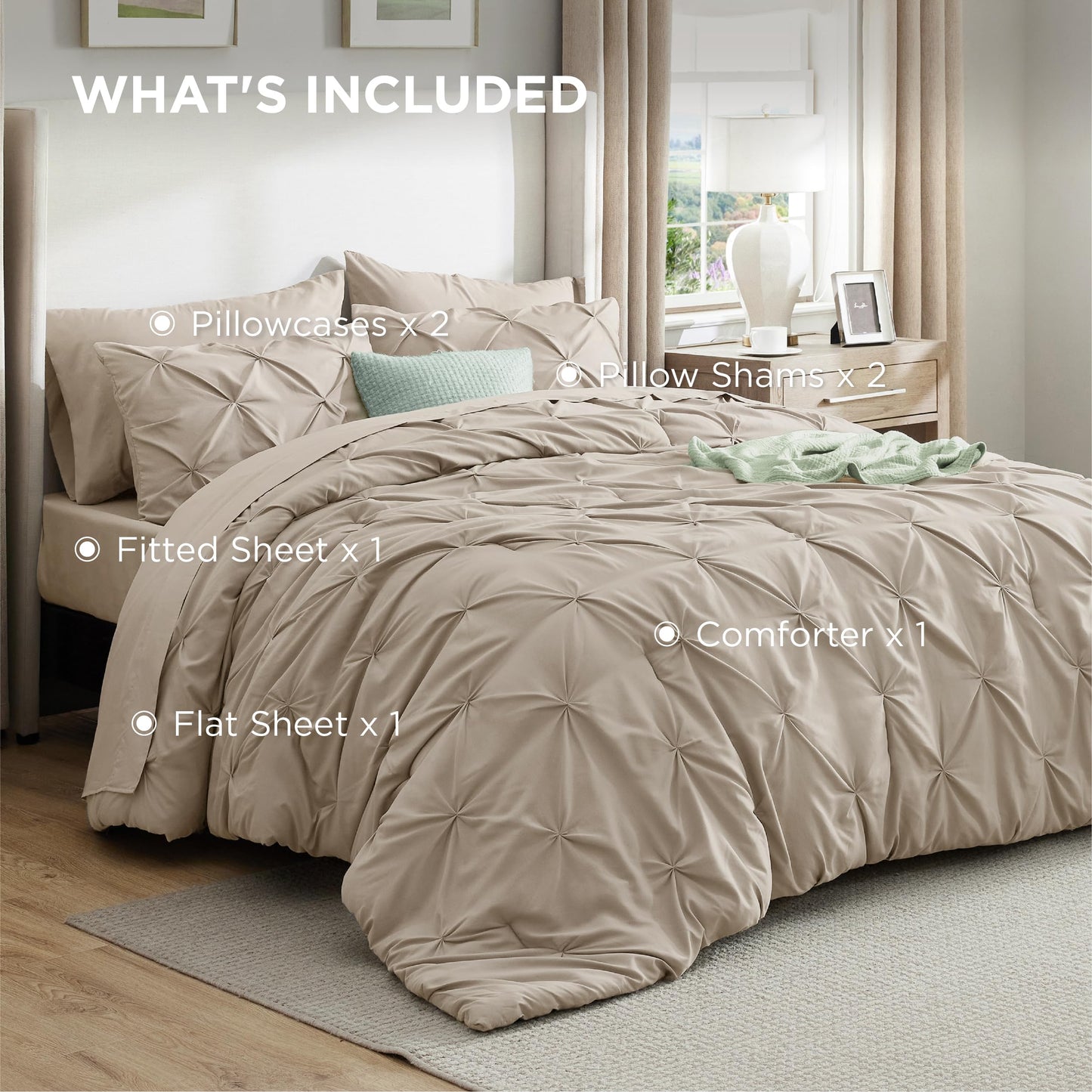 Bedsure Queen Comforter Set Beige - Bed in a Bag Queen Size 7 Pieces, GentleSoft™ Pintuck Bed Set Gift for Family, Pinch Pleat Beige Comforter with Sheets, Pillowcases & Shams