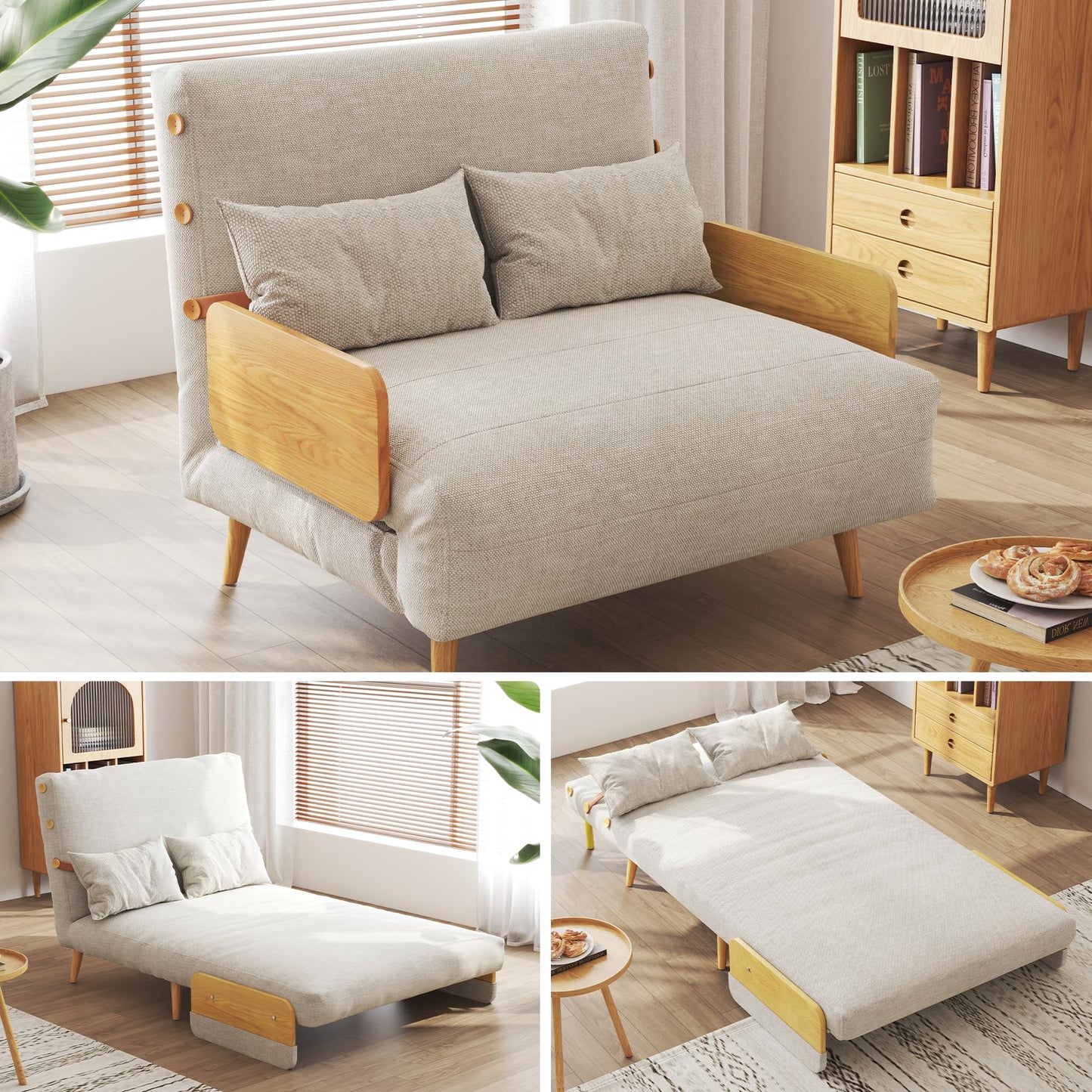 JASIWAY 3-in-1 Convertible Chair Bed Sleeper for Adults, Linen Convertable Sleeper Chair with Wooden Arms & Pillows, Foldable Single Futon Sofa Bed for Small Spaces, Modern, 76.4" D x 36.6" W