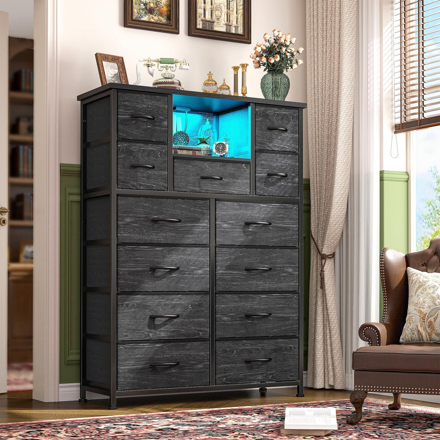 Romorgniz 13 Drawer Dresser for Bedrom,Tall Black Chest of Drawers for Bedroom with Led Light and 4 Charging Ports,Hallway, Closet, Entryway,11.8" D x 35.4" W x 47.3" H