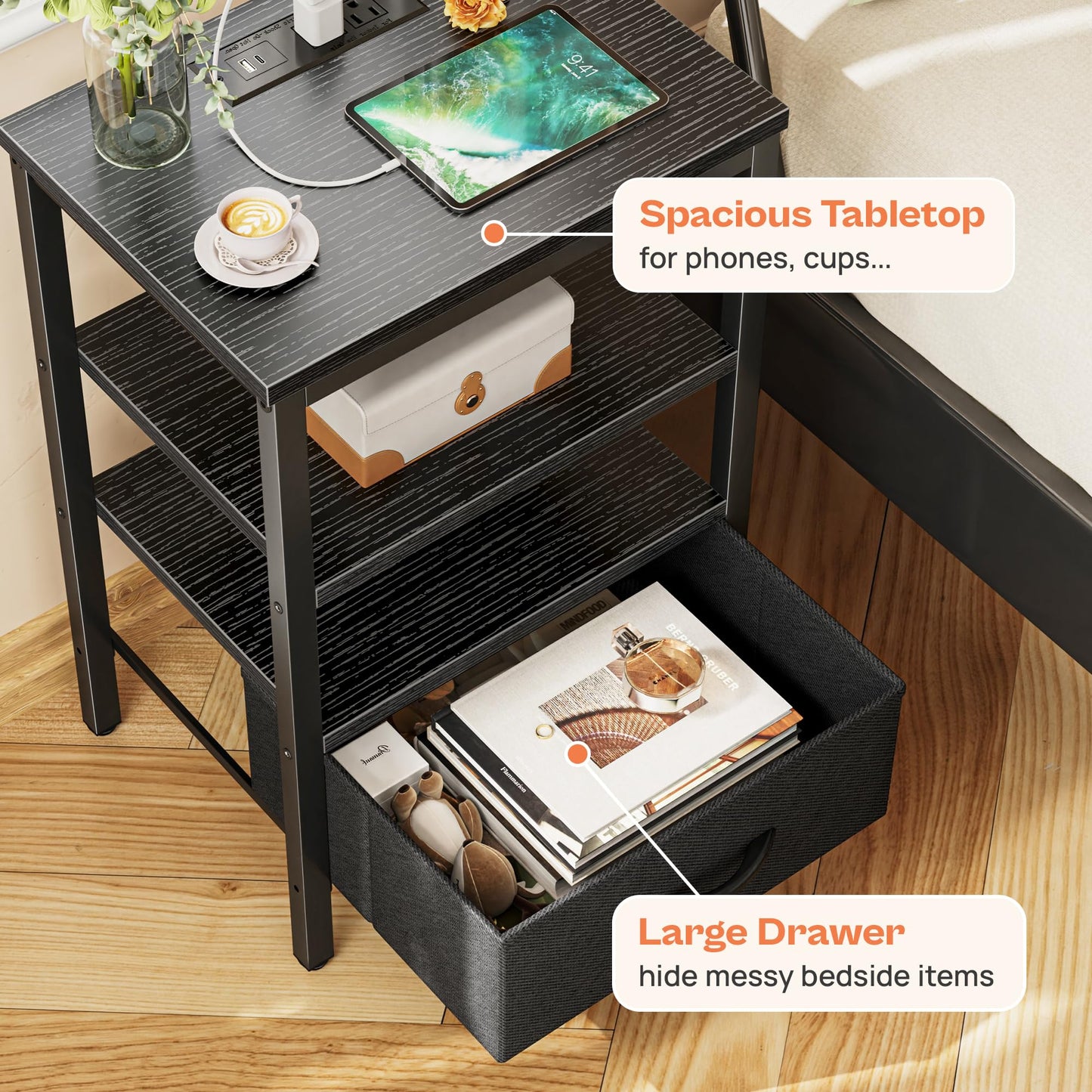 SUPERJARE Nightstand with Charging Station, Bed Side Table with Adjustable Fabric Drawer, Night Stand for Bedroom, 3-Tier Storage End Table, for Living Room, Black