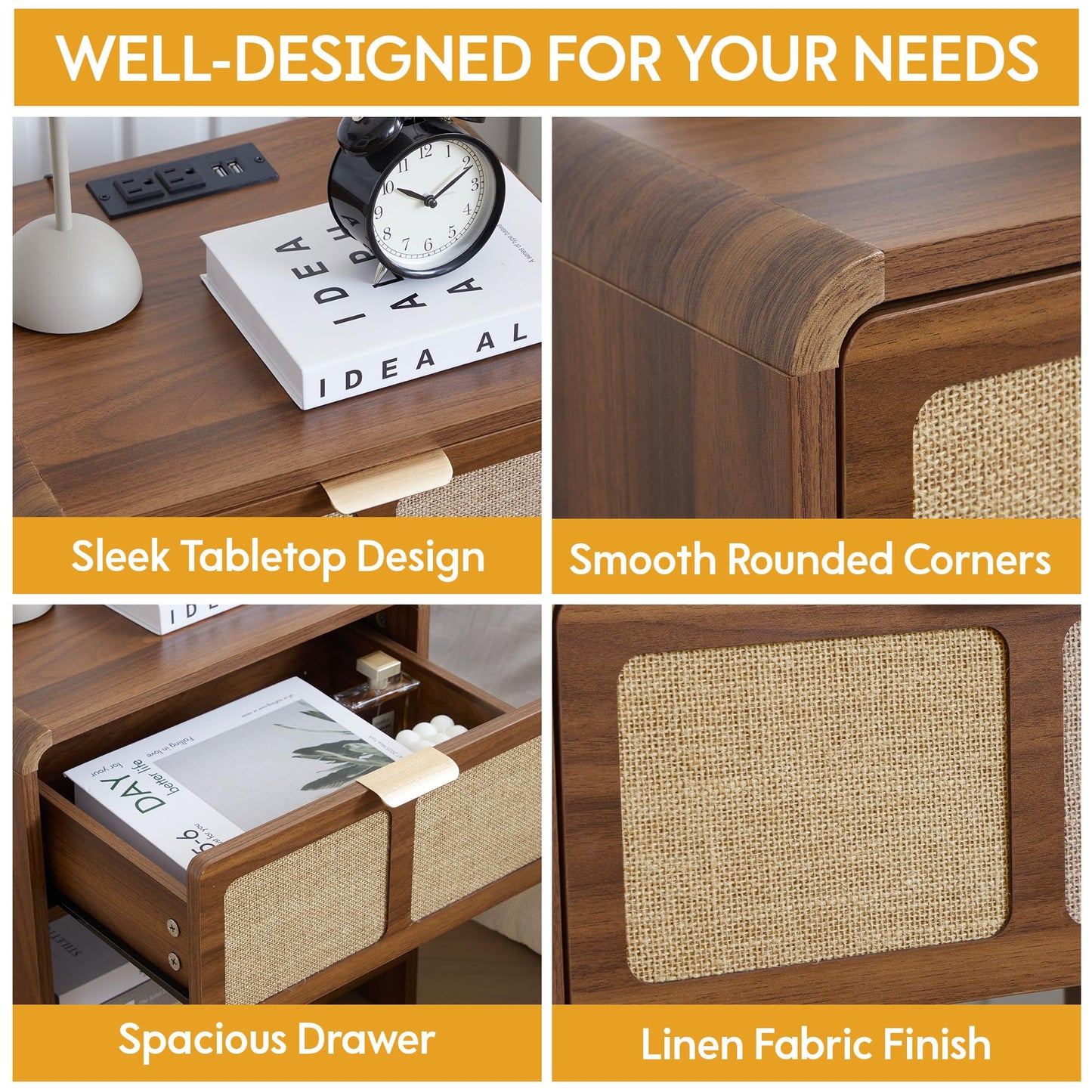 LEVNARY Nightstand Set of 2, Mid-Century Modern Bedside Table with Charging Station and Fabric-Like Textured Drawer, Wooden End Table for Farmhouse Bedroom Living Room (2, Walnut)