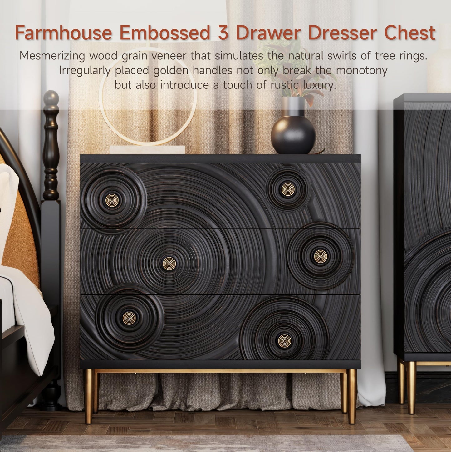 Aoikax Farmhouse 3 Drawer Dresser with Ring Motif, Disstressed Boho Nightstand for Bedroom, Entryway, French Country, Embossed, Black & Gold