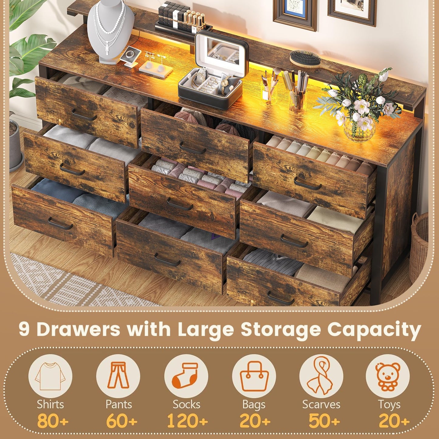 Frmobepts 63'' Rustic Brown Dresser for Bedroom, 9 Drawer Dresser with Power Outlet and Led Lights, Bedroom Furniture with Wooden Drawer and Metal Frame, TV Stand with Deep Drawer Storage