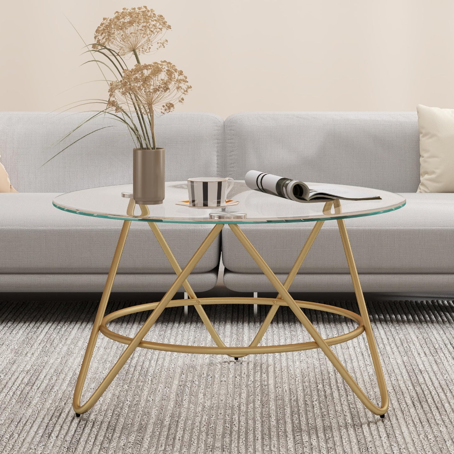 OIOG Round Coffee Table, Glass Coffee Table for Living Room, Bedroom, Home Office, Modern Coffee Table with Tempered Glass Tabletop, Gold