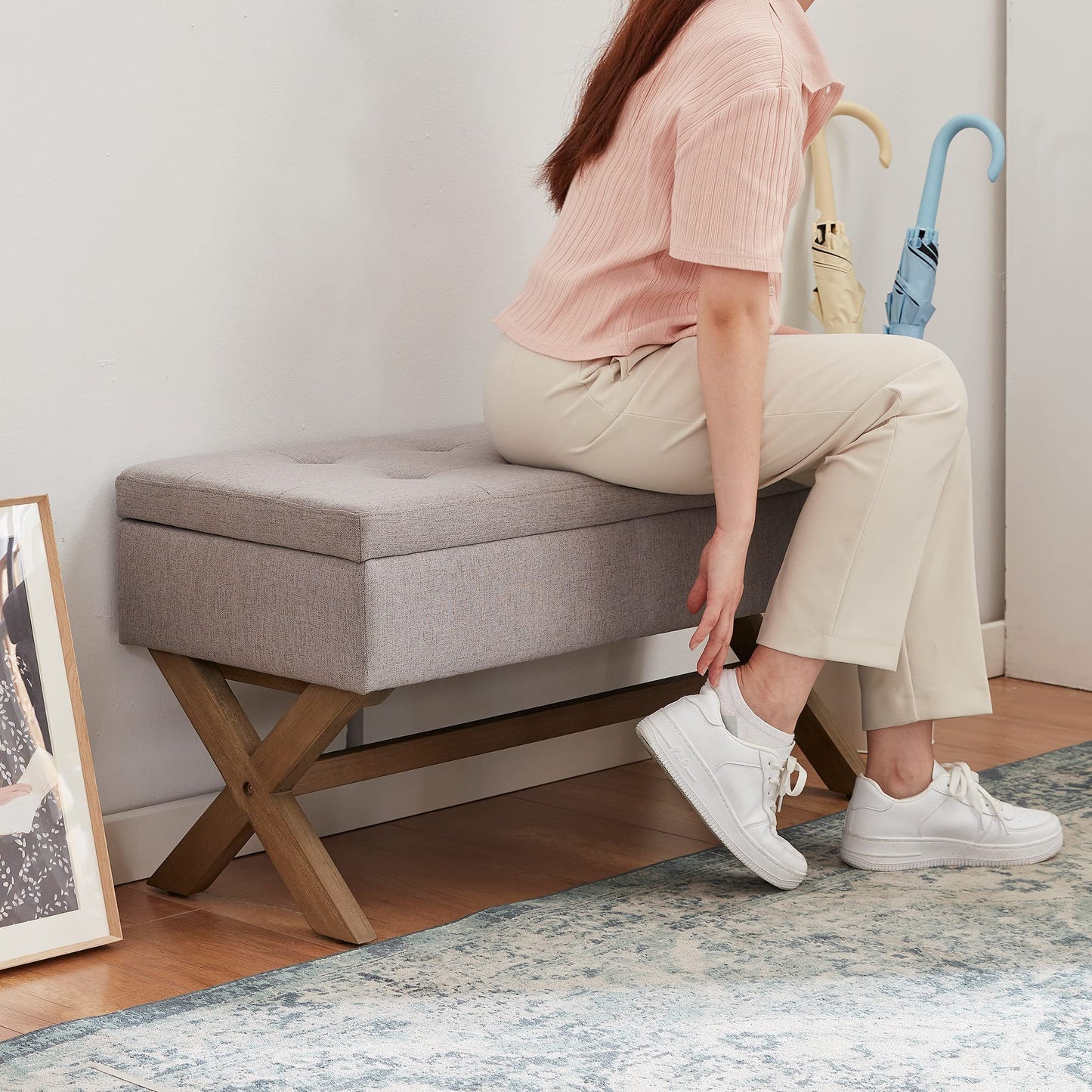 HUIMO 36-inch Entryway Bench with Storage,Dinning Benches Seat with X-Shaped Legs for Kitchen,Upholstered End of Bed Bench for Living Room, Bedroom.Storage Ottoman with Safety Hinge,Grey