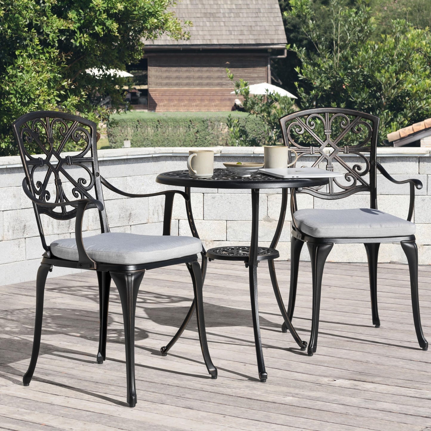 NUU GARDEN Bistro Set 3 Piece Outdoor All Weather Cast Aluminum Patio Bistro Set Patio Table and Chairs Set of 2 with Umbrella Hole and Grey Cushions for Backyard, Balcony, Lawn, Black