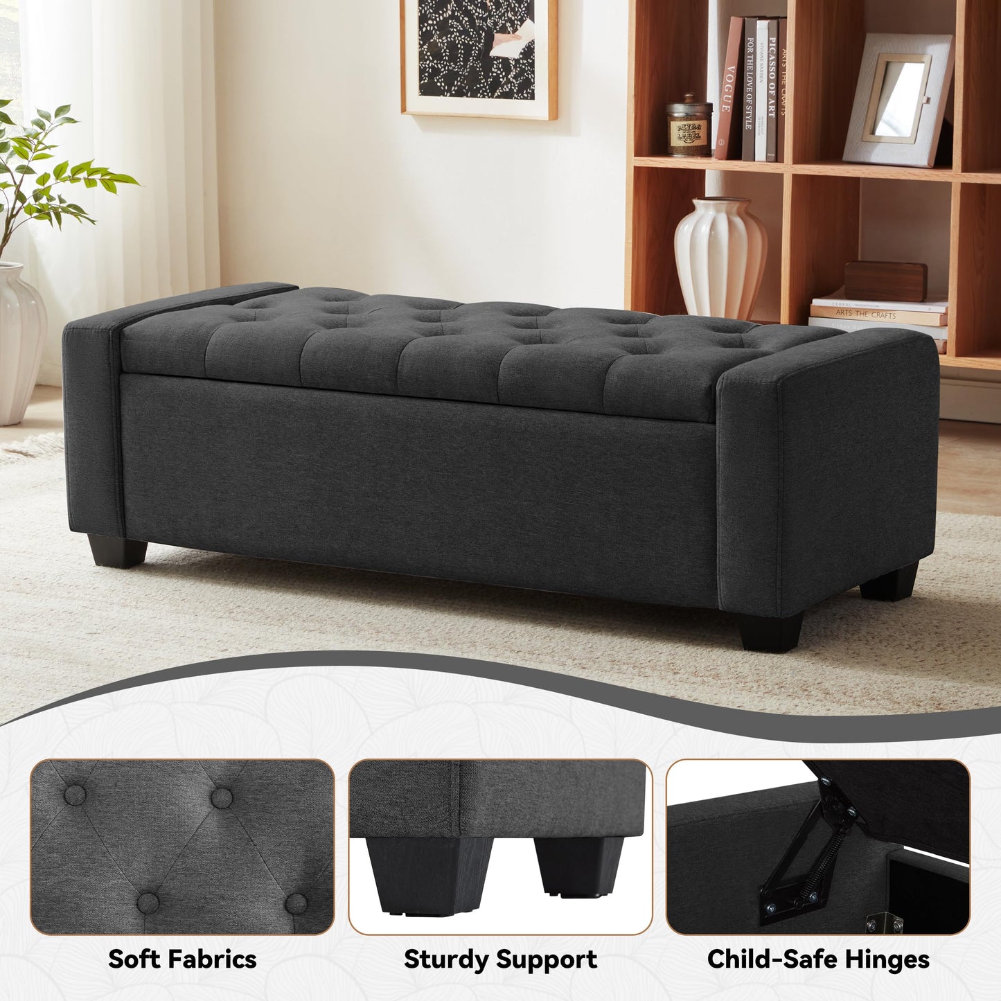 Mangodan 48" Ottoman with Storage, Soft Storage Ottoman Bench for Bedroom, Tufted Upholstered Window Benches, End of Bed Bench for Living Room, Entryway Bench with Seating, Foot Rest, Darkgrey