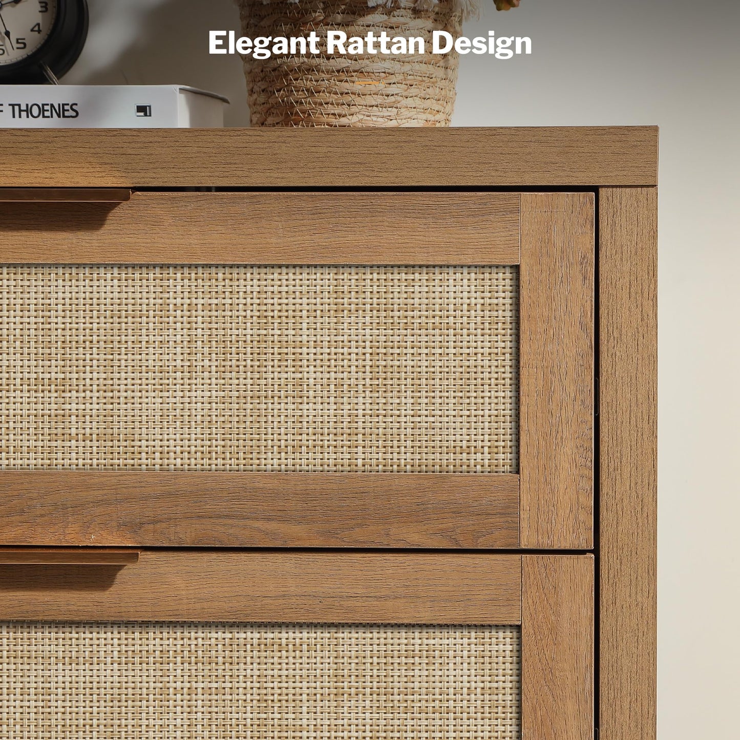 SICOTAS Rattan Dresser for Bedroom, 56.9" Wide 6 Drawer Dresser with Ample Storage, Dressers Large Chest of Drawers, Closet, Boho TV Stand for Bedroom (Reclaimed Caramel Oak, 1 Piece)
