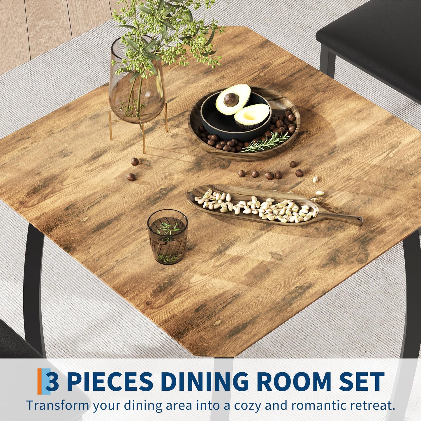 GarveeHome 3 Piece Dining Table Set for 2, Farmhouse Kitchen Table and Upholstered Chair, Metal Frame Square Dining Room Furniture for Small Space, Apartment, Studio, Black+Retro