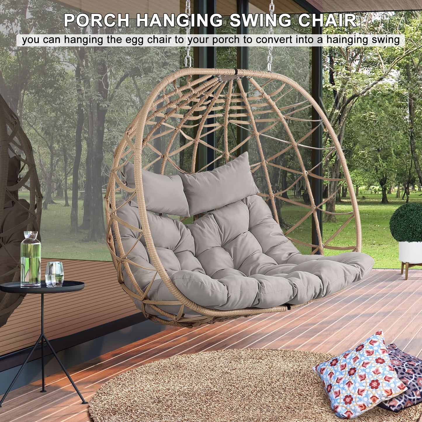 NOBLEMOOD Outdoor Egg Swing Chair with Stand, 2 Person Patio Swing Chairs with Thick Cushions and Pillows, Wicker Double Egg Chair Swing for Indoor Bedroom