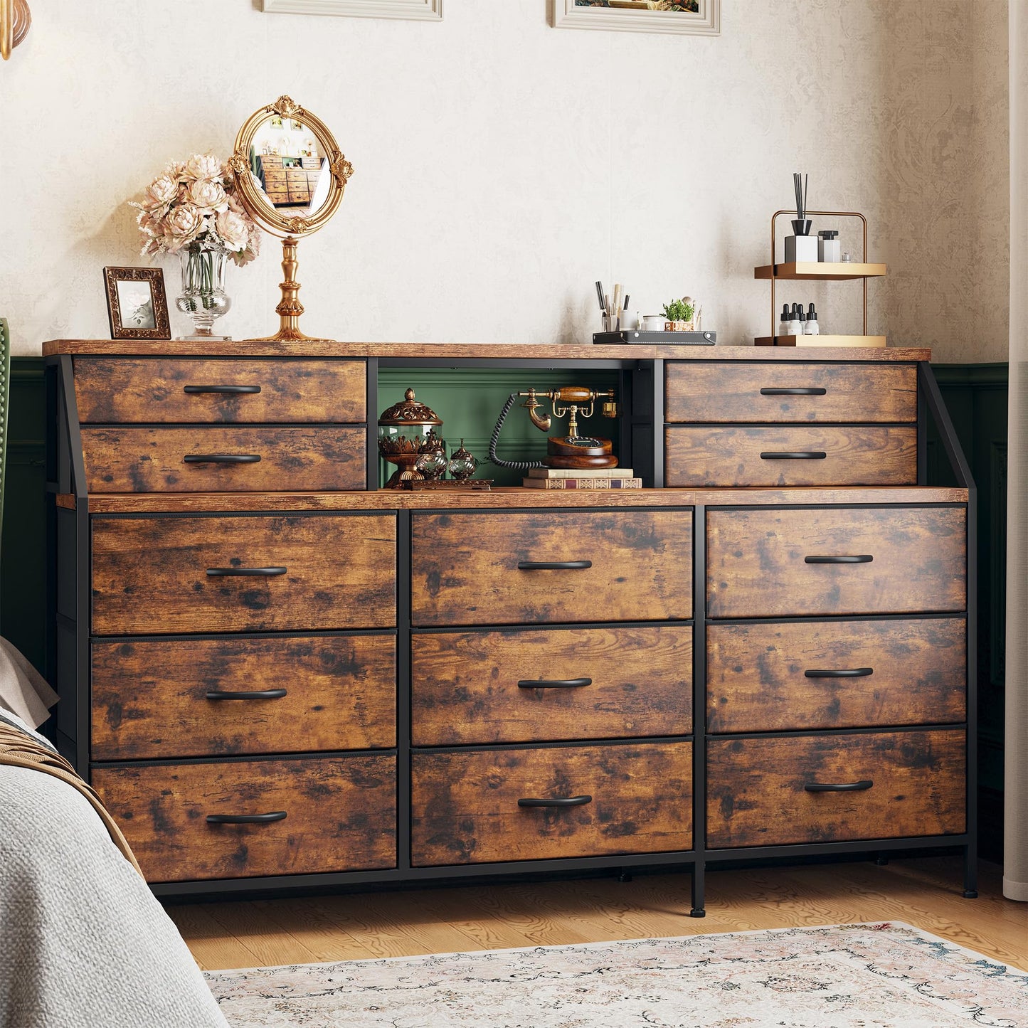 Romorgniz 55" W Dresser for Bedroom, Dressers & Chests of Drawers with 13 Fabric Drawers and 2 Open Shelves, Long Vanity Dressers for Bedroom & Closet, Rustic Brown, 55.1" W x 35.4" H x 11.4" D