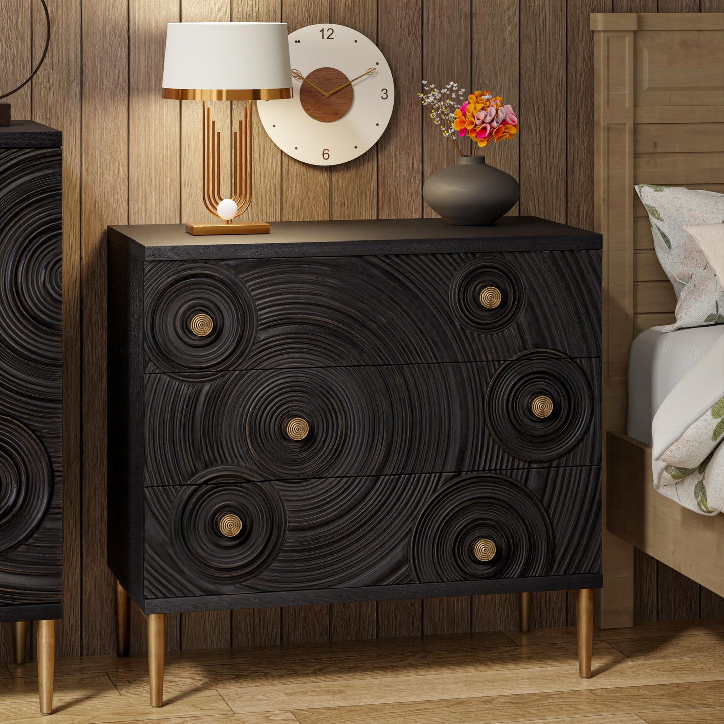 Aoikax Farmhouse 3 Drawer Dresser with Ring Motif, Disstressed Boho Nightstand for Bedroom, Entryway, French Country, Embossed, Black & Gold