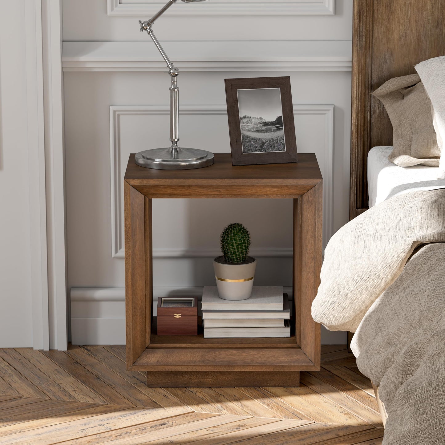 COZAYH Farmhouse End Table, Open Cube Accent Table with Geometric Frame, Modern Minimalist Side Table, Brown