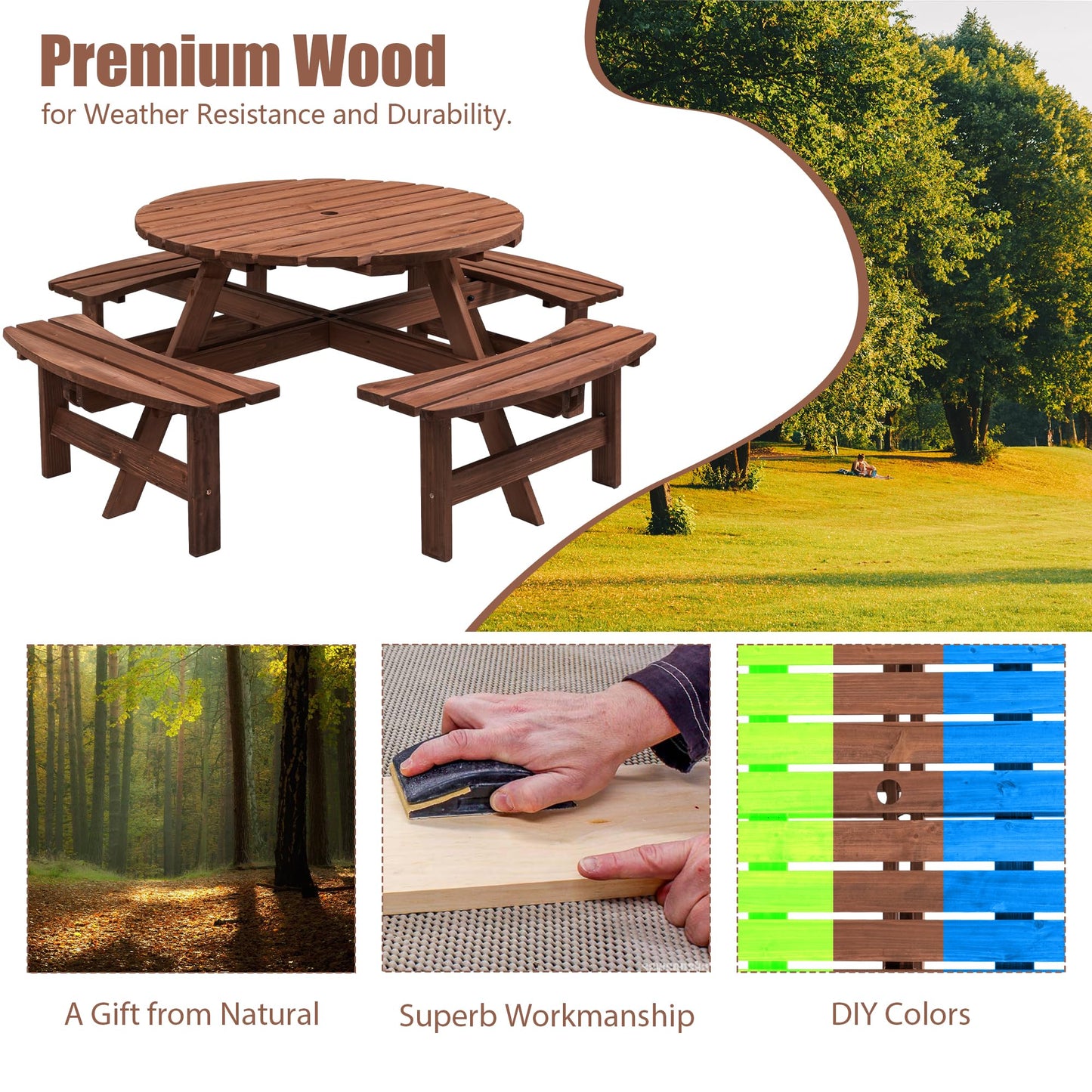 Becivy 8 Person Wooden Picnic Table Sets Outdoor Camping Dining Table with Seat Garden DIY w/ 4 Built-in Benches 2220lb Capacity - Brown