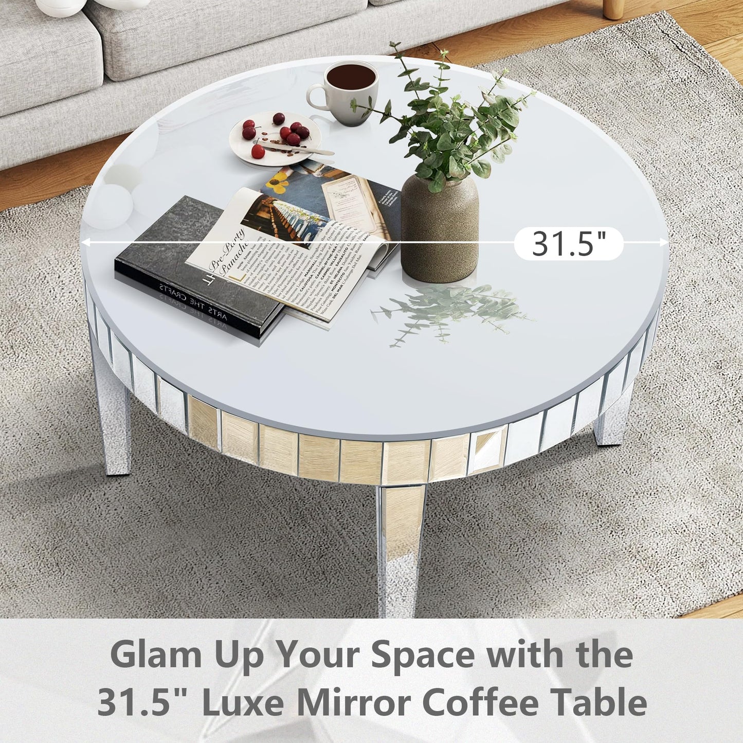 Olodumare 31.5" Round Mirrored Coffee Table, Silver Modern Center Table with Starburst Mosaic Design, Luxury Glass Accent Tea Table for Living Room, Bedroom or Office Decor