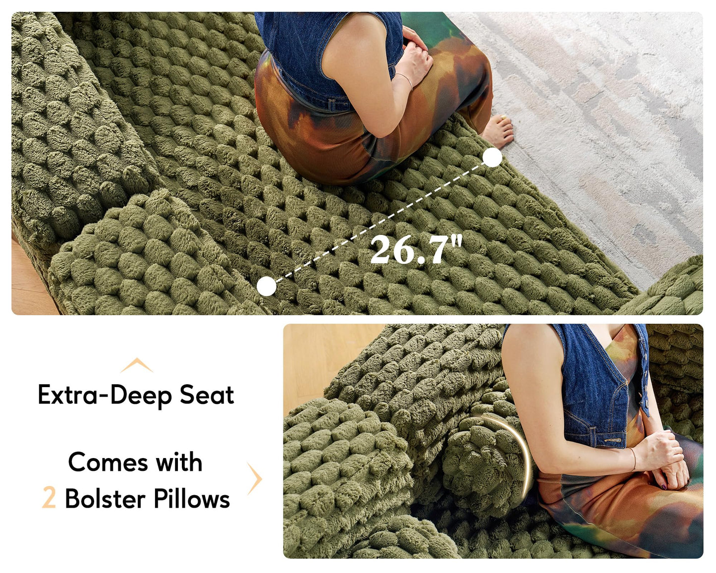 VanAcc Foldable Sofa Bed, Convertible Floor Sofa with Plush Faux Fur, No Assembly Mattress Couch for Living Room, Apartment, Bedroom, Green