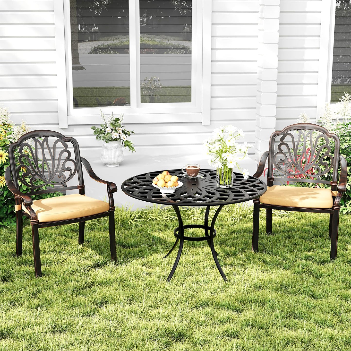 HOMTHING Cast Aluminum Outdoor Dining Chairs Set of 2, Patio Dining Chair with Seat Cushions,Rustproof UV Protected Comfortable Seating for Backyard&Poolside