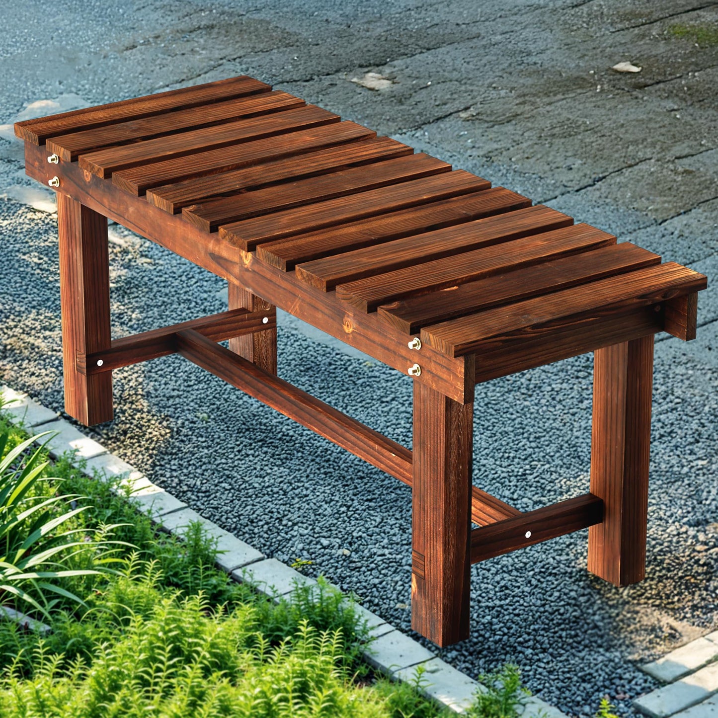 Outdoor Garden Bench, Weatherproof Patio Benches 2-Person Seat Backless Wooden Porch Bench, Multifunctional Slat All Weather Bench for Garden Lawn Porch Park Backyard (Carbonized Brown, 35.5 inch)