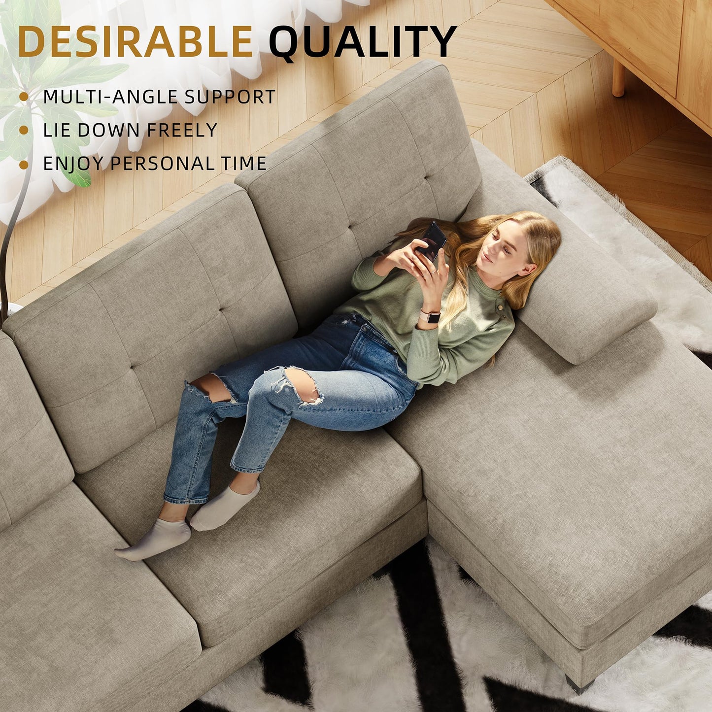 JAMFLY 106" U-Shaped Modern Sofa Modular Sectional Cloud Couch with Chaise, 4-Seat Deep Seat Sofa for Living Room, Bedroom and Apartment, Khaki