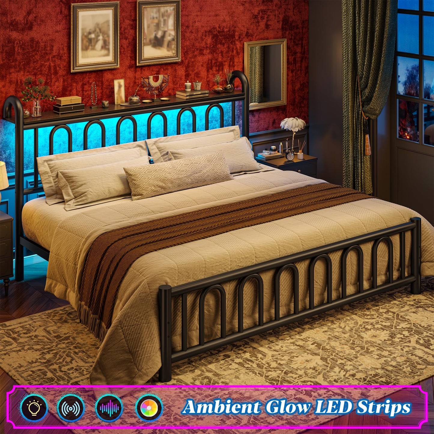 Homkdom King Size Bed Frame Metal Platform Bed Frame/Victorian Headboard/LED Light/Sturdy Mattress Foundation with Under Bed Storage/No Box Spring Needed/Noise-Free/Easy Assembly, Black