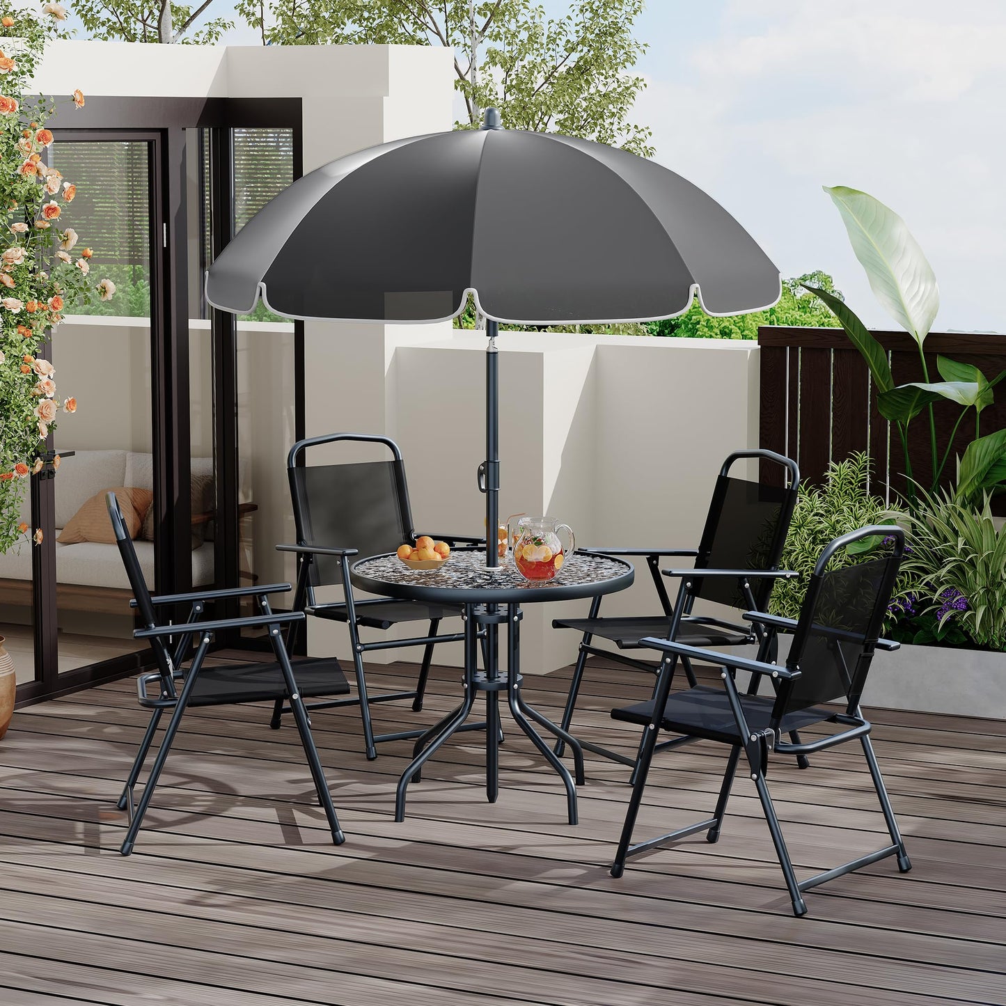 Patio Dining Set for 4 With Umbrella, Outdoor Furniture Set With 4 Folding Dining Chairs, Outdoor Table Umbrella Set With Tempered Glass Top Dinings Table