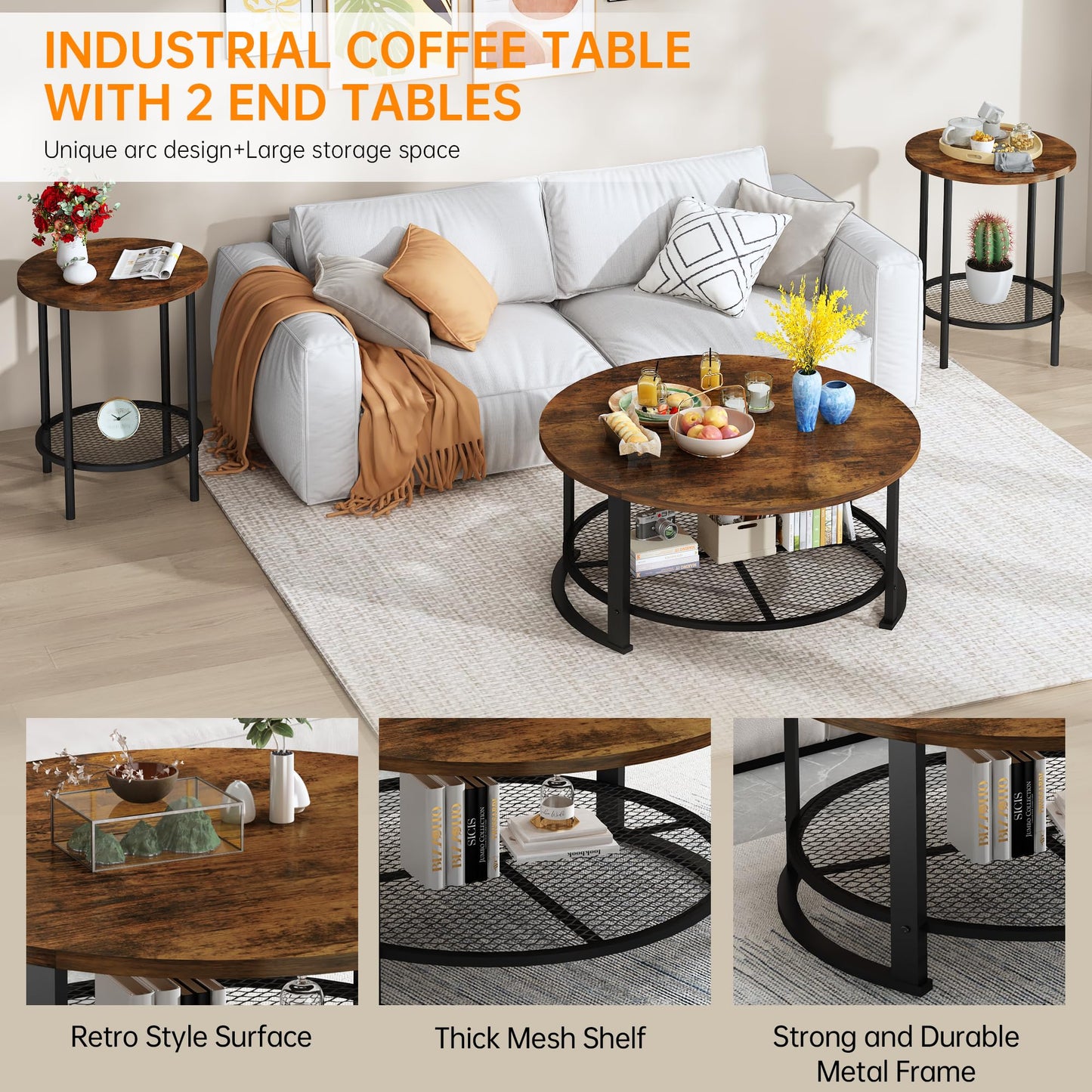 DKLGG 3-Piece Coffee Table and End Table Sets for Living Room, Round Coffee and End Table Set of 3 with Large Storage, Modern Farmhouse Furniture for Apartment Home (Rustic Brown)