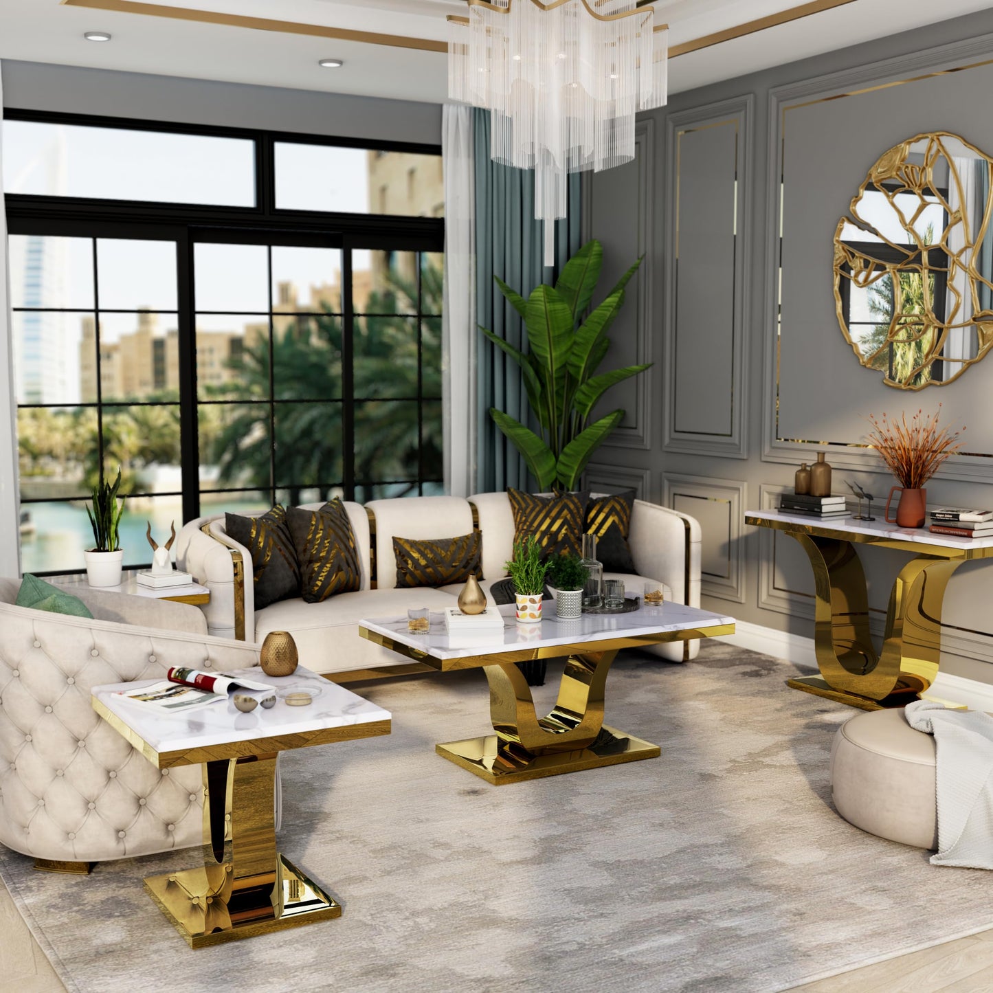Anewsun Gold Coffee Table, White and Gold Rectangle Living Room Tea Table, Glam 48 inch Coffee Table for Living Room, Guest Hall, Reception Room