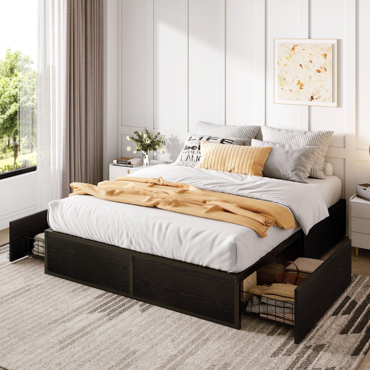 SHA CERLIN Queen Platform Bed Frame with 2 Large Storage Drawers, Rustic Wood and Metal, Noise-Free, Easy Assembly, No Box Spring Needed, Black