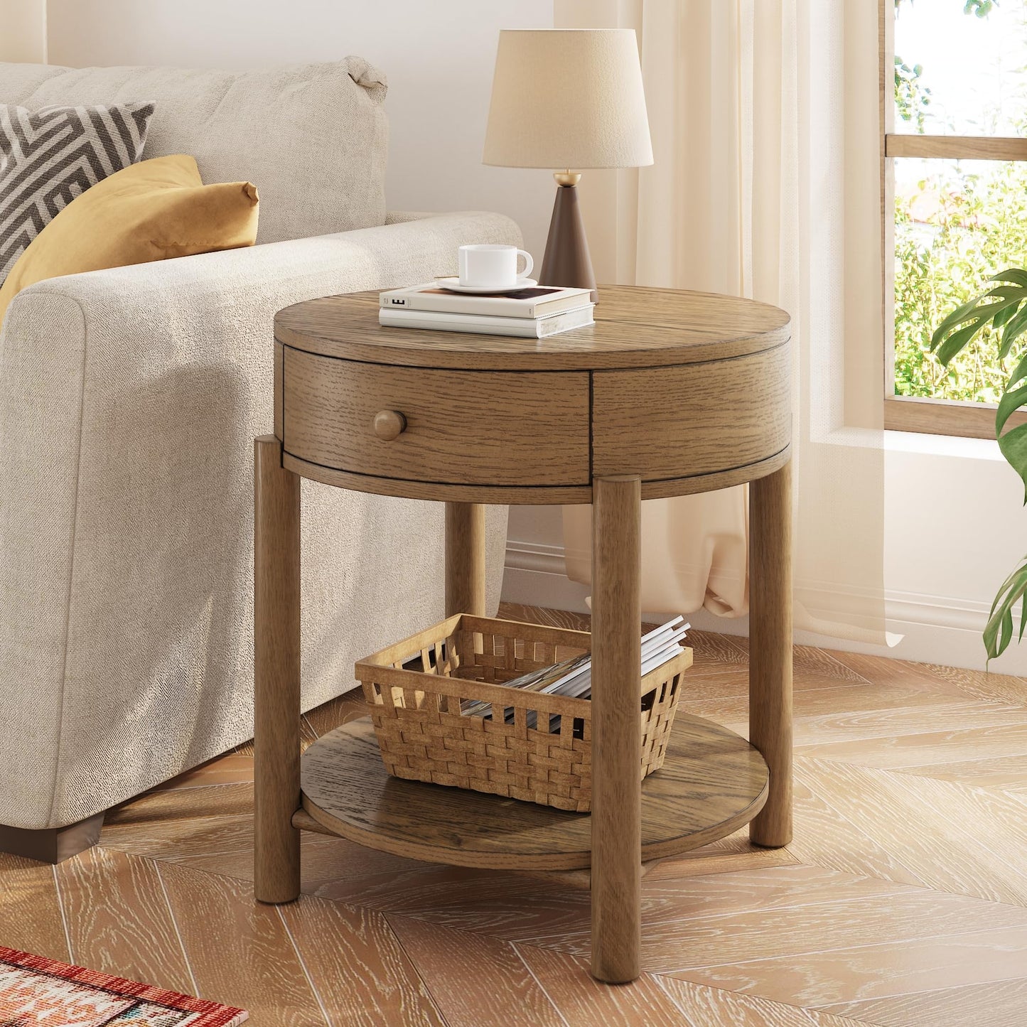 Solid Wood 2-Tier Round End Table with Drawer, 24" Small Sofa Side Table with Storage Oak Wood Accent Drink Table Modern Nightstand with Shelf for Living Room Bedroom Office, Brown