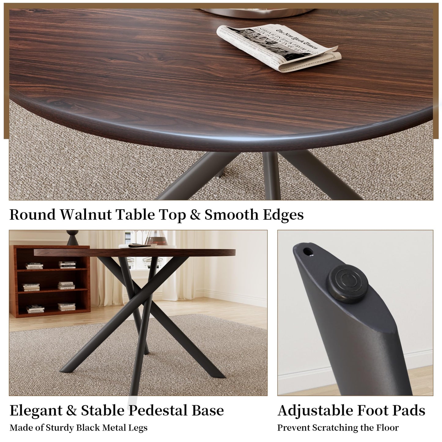 HIPIHOM 45.3'' Walnut Round Dining Table Set for 4, Mid Century Modern Small Coffee Set for Dining Room Kitchen Apartment (Walnut Table + 4 White Chairs)