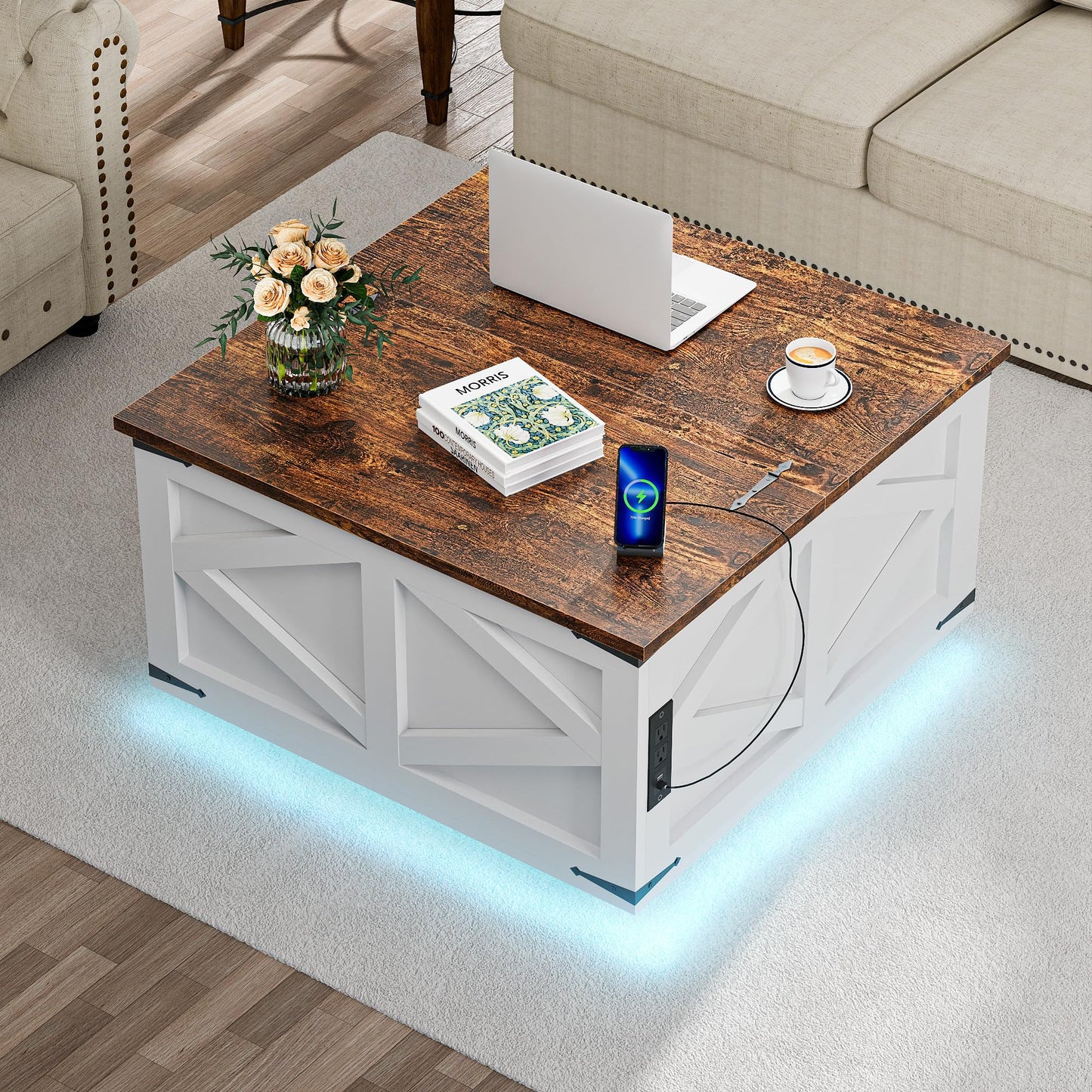 Ztexkee Lift Top Coffee Table with Storage, Farmhouse Coffee Table with Socket and LED Light 31.5" Square Center Table with Large Hidden Storage Compartment for Living Room, Bedroom Brown White